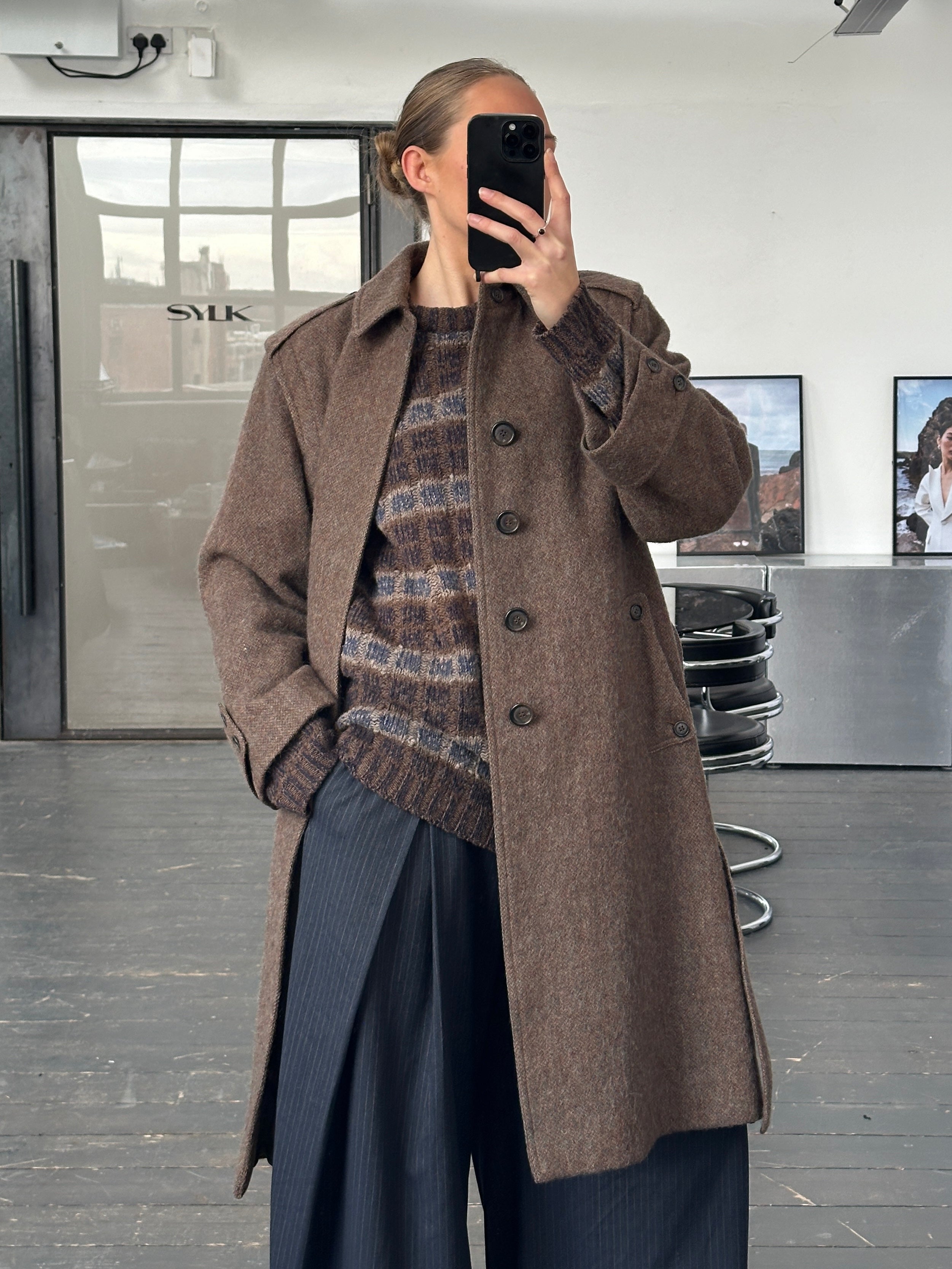 Vintage Italian 1990s wool mohair single-breasted belted coat, size L, featuring classic design and textured fabric.