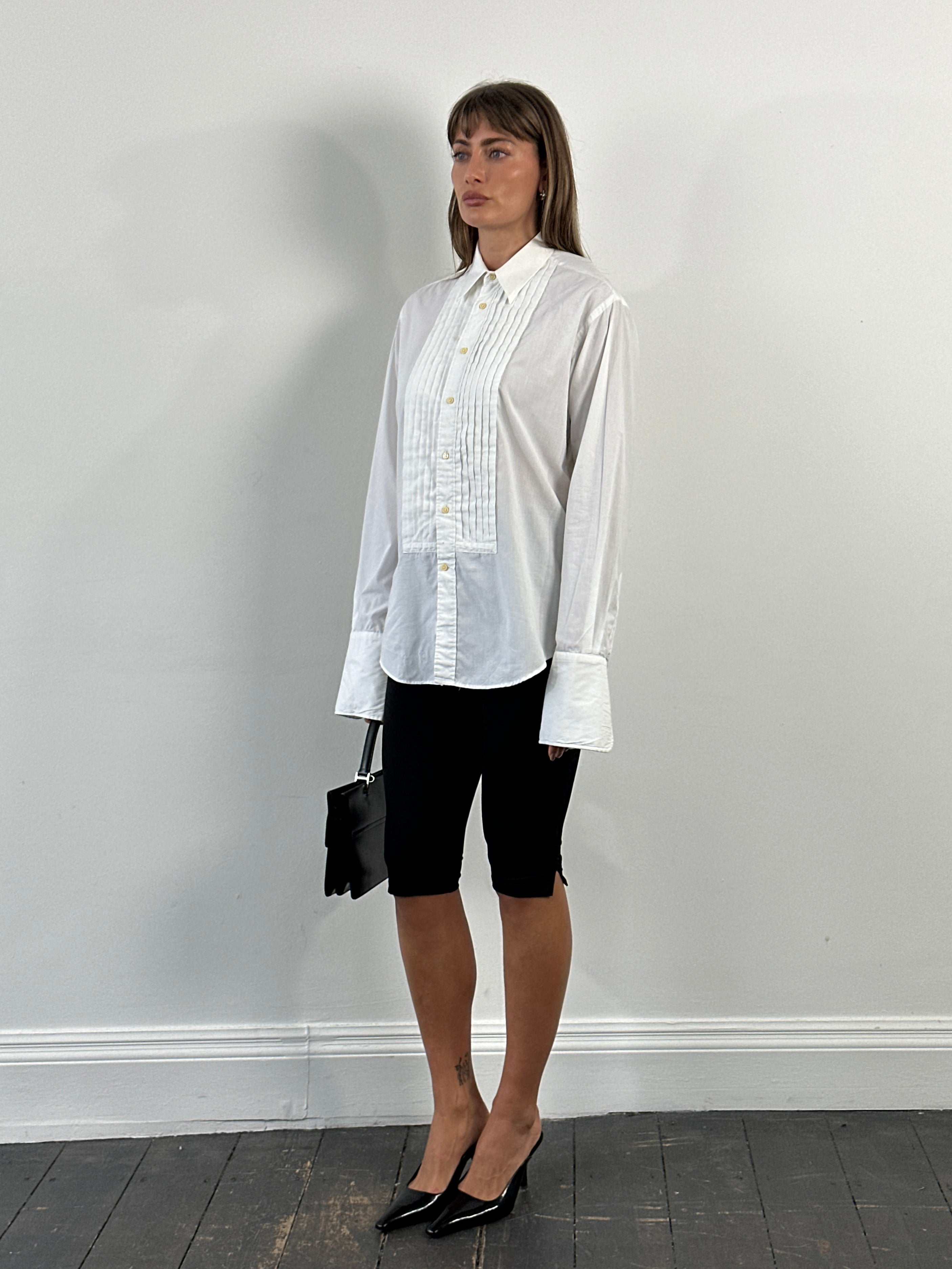 Yves Saint Laurent Pour Homme 1990s tuxedo cotton dress shirt, front view, classic white with button-down collar, size M