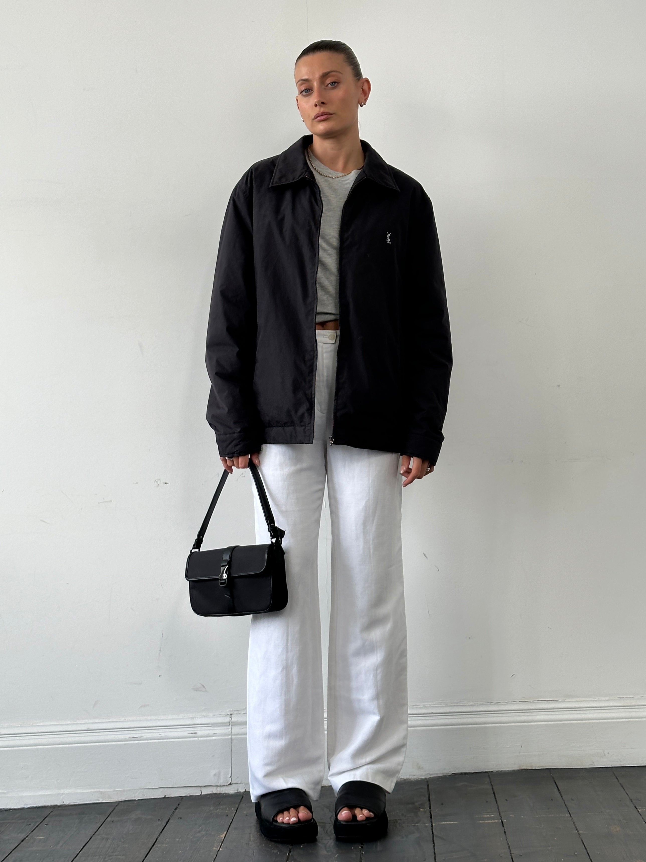 Yves Saint Laurent Pour Homme padded logo bomber jacket in XL, black with front zipper and signature branding, casual men's outerwear.