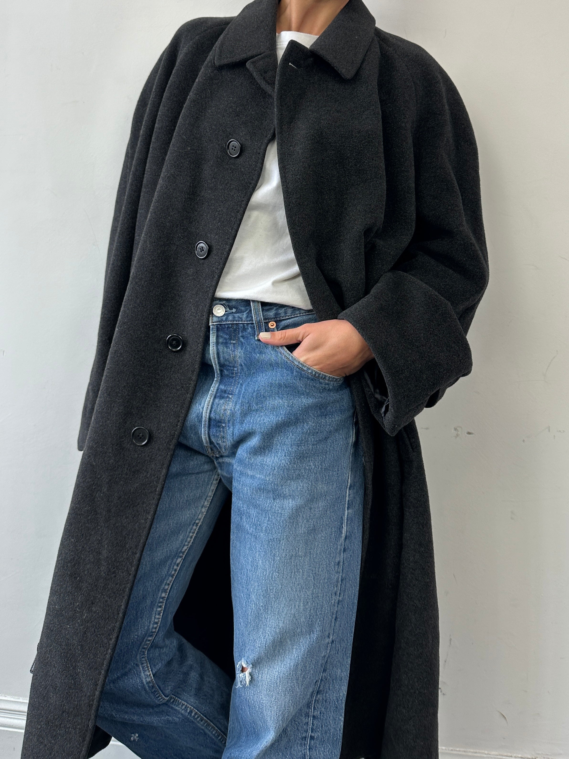 Valentino pure wool single-breasted coat with concealed placket in XXL, featuring a classic tailored design and smooth fabric.