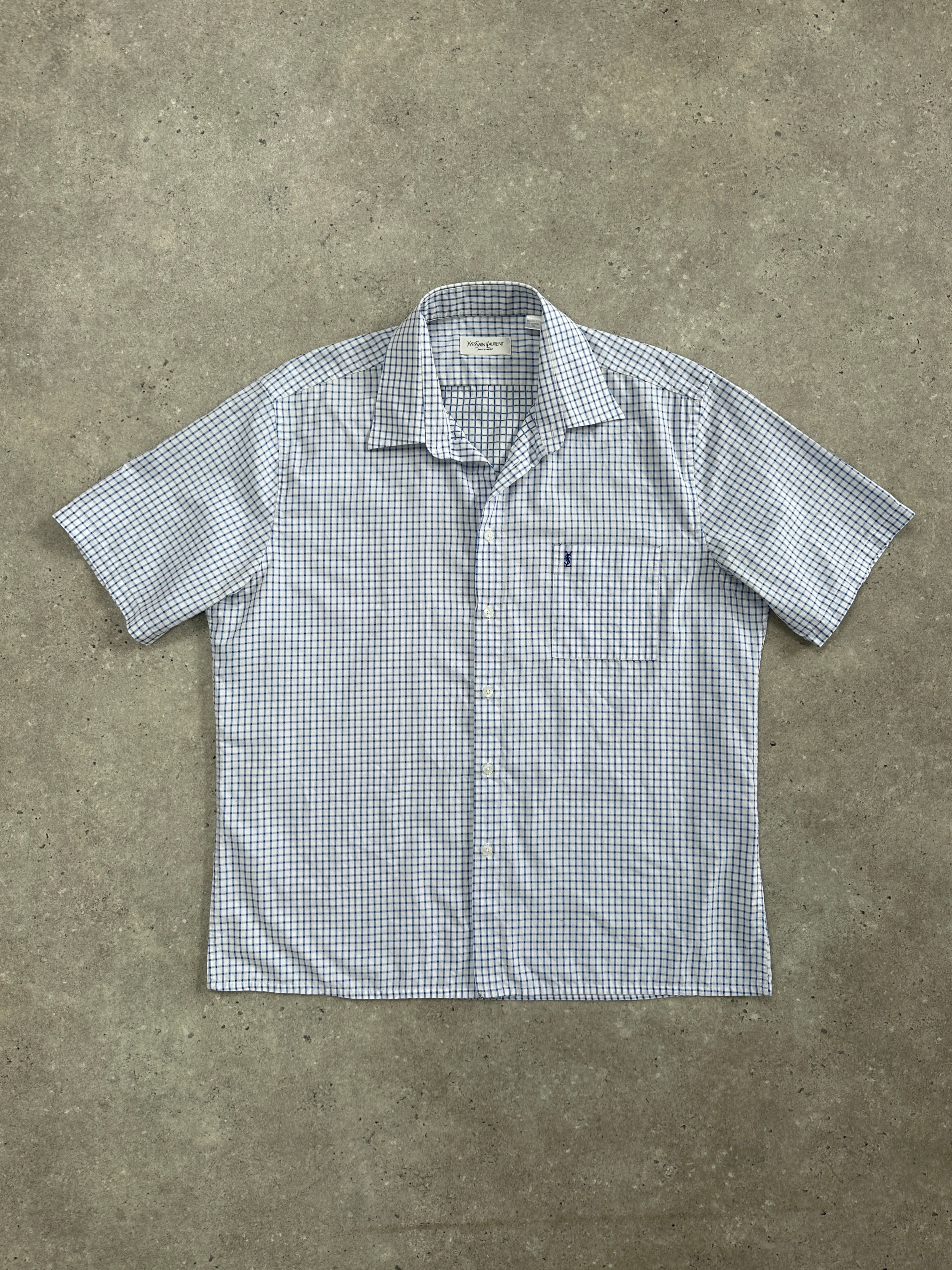 Yves Saint Laurent Pour Homme check cotton short sleeve logo shirt in XL, featuring a classic pattern and brand logo detail.