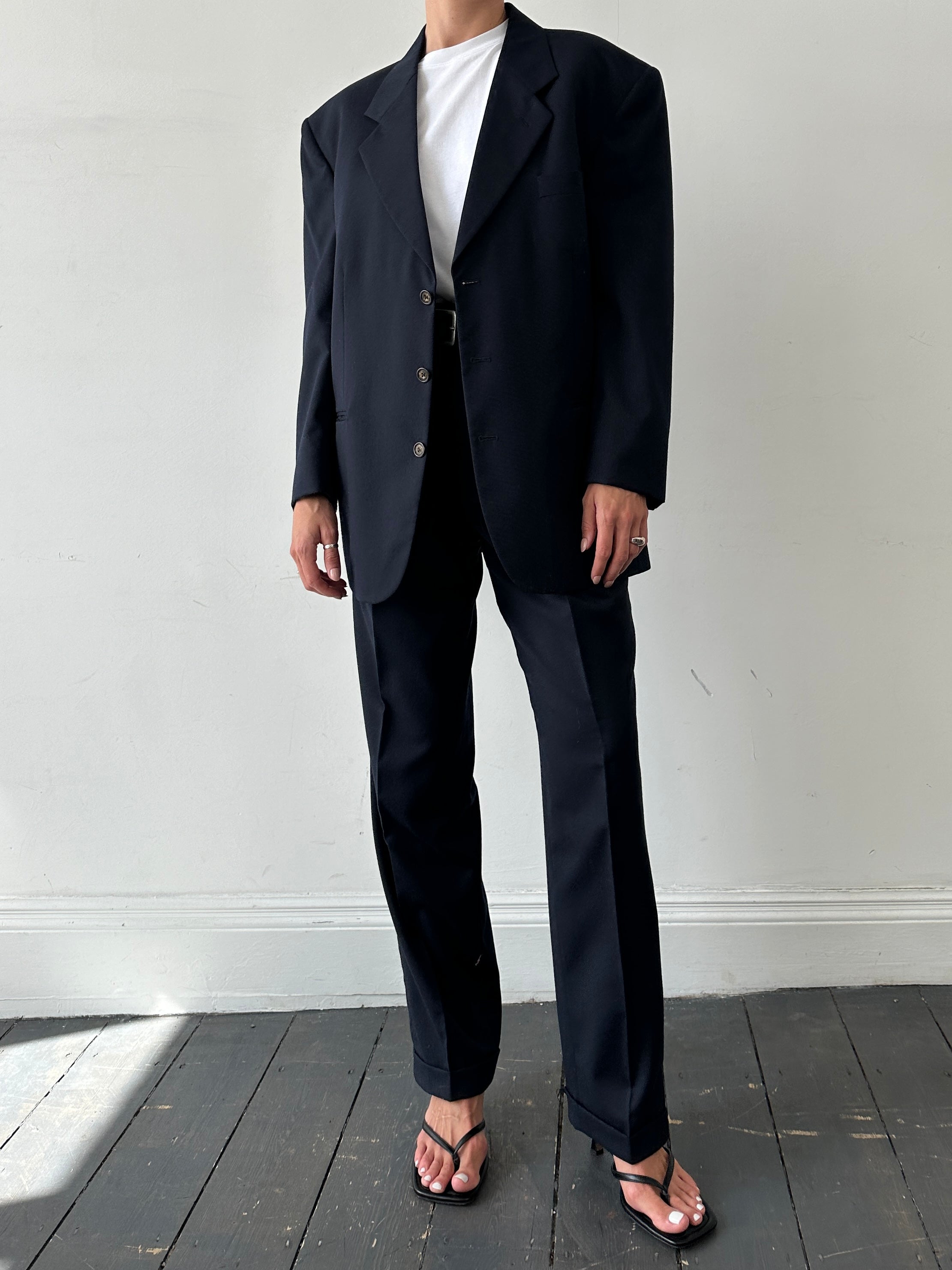 Vintage pure wool tailored trousers with straight leg fit, W32 size, in classic style, shown on a neutral background.