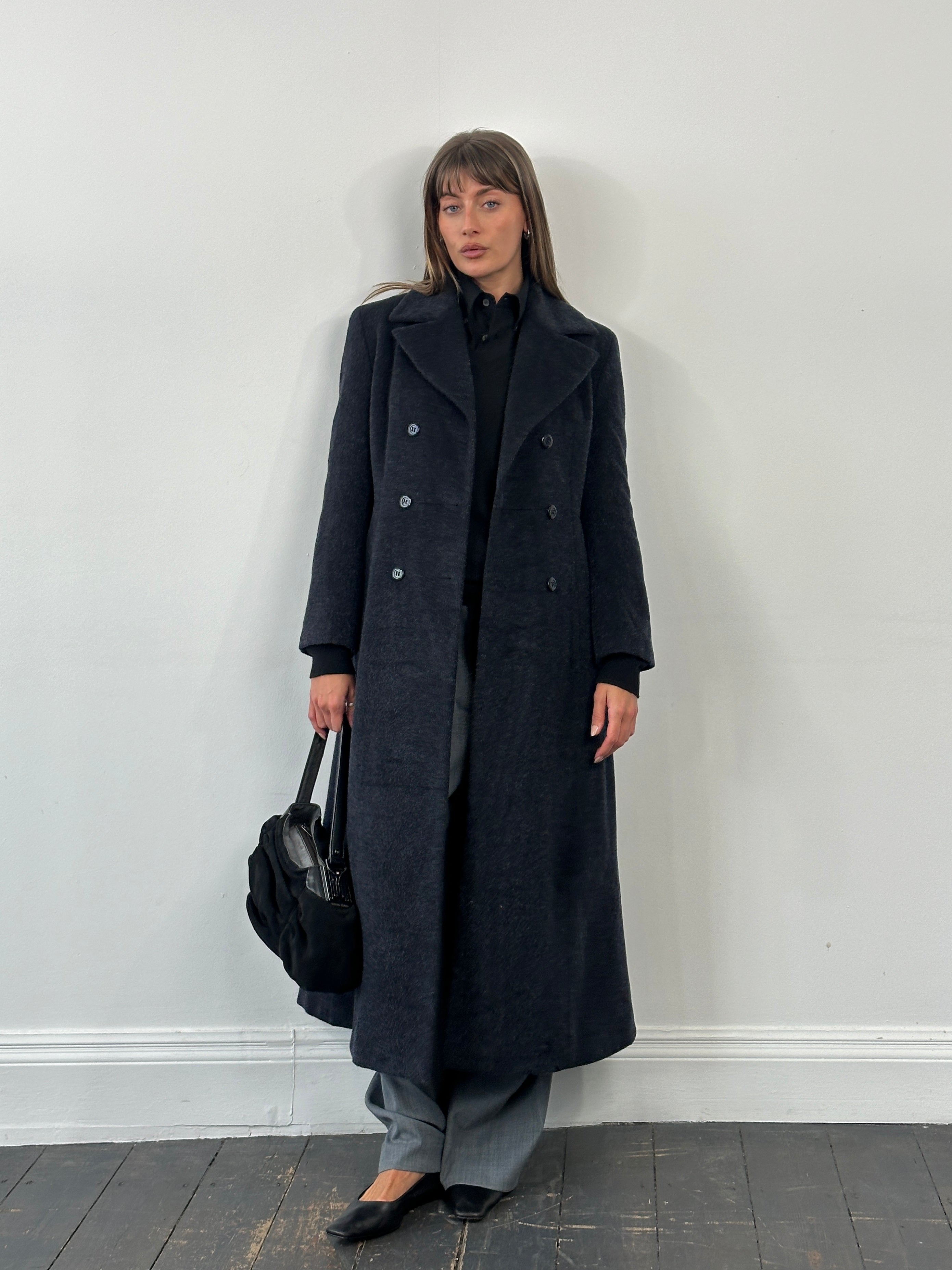 Vintage 1990s wool mohair double-breasted coat in size S/M, featuring classic style and textured fabric.