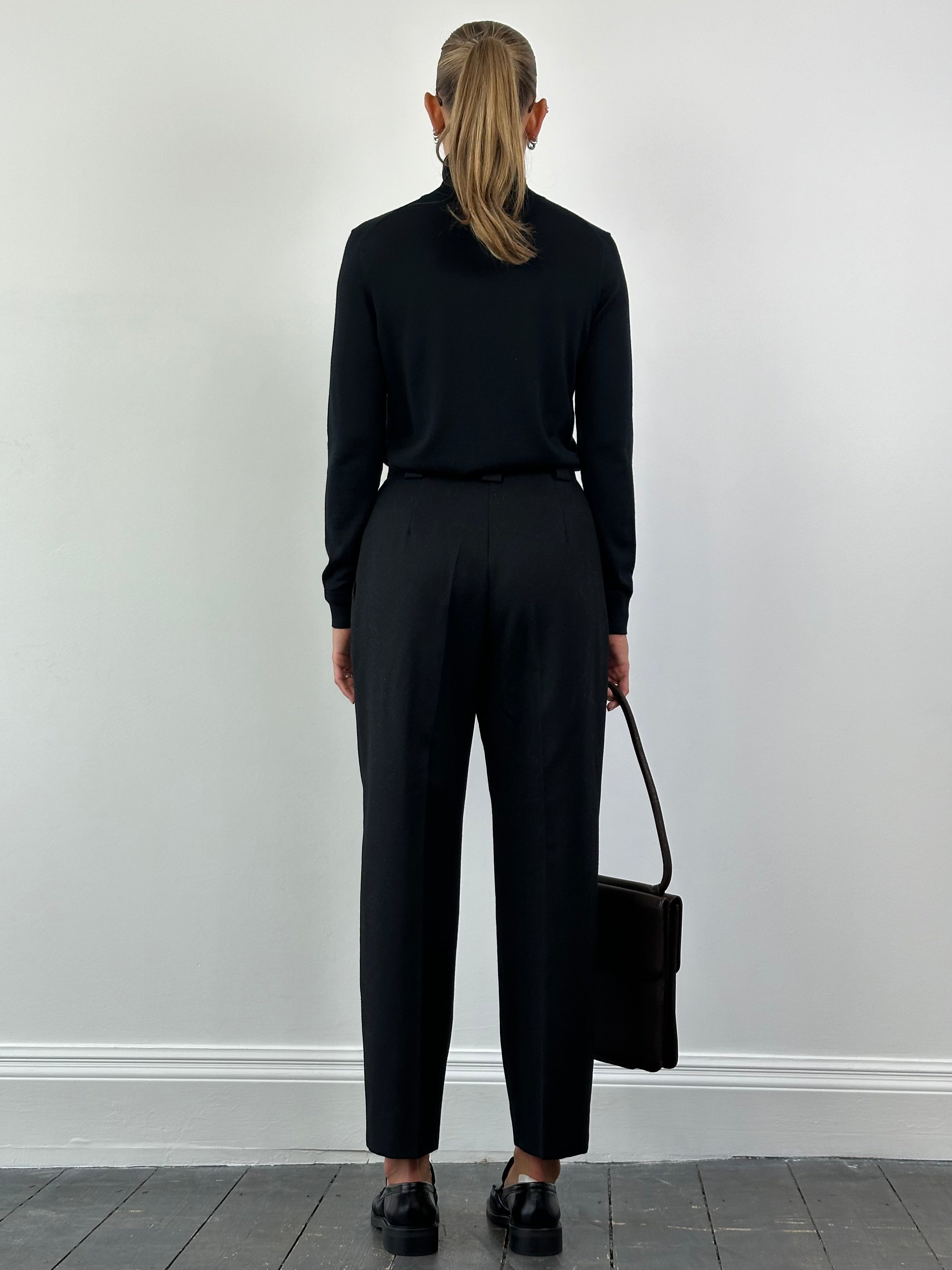 Vintage Italian vintage brushed pure virgin wool straight leg trousers, W27, shown in a natural pose on a plain background.