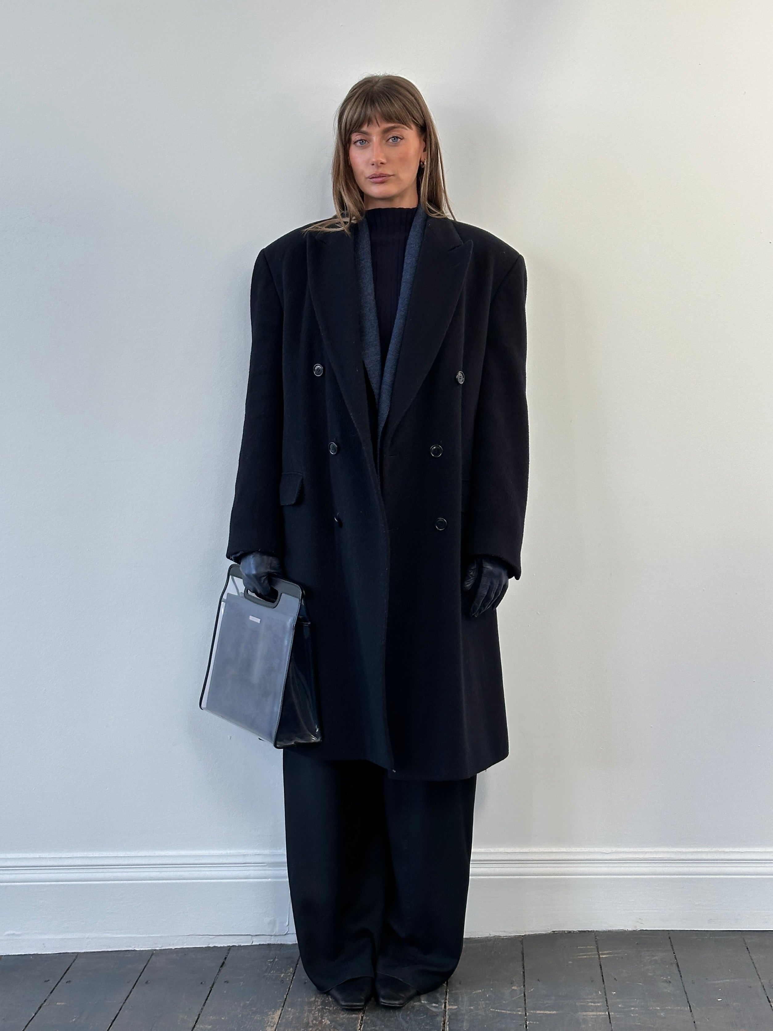 Vintage British 1990s Savoy Taylors Guild wool cashmere coat in XL/XXL, classic 90s style, dark tailored coat with button closures.