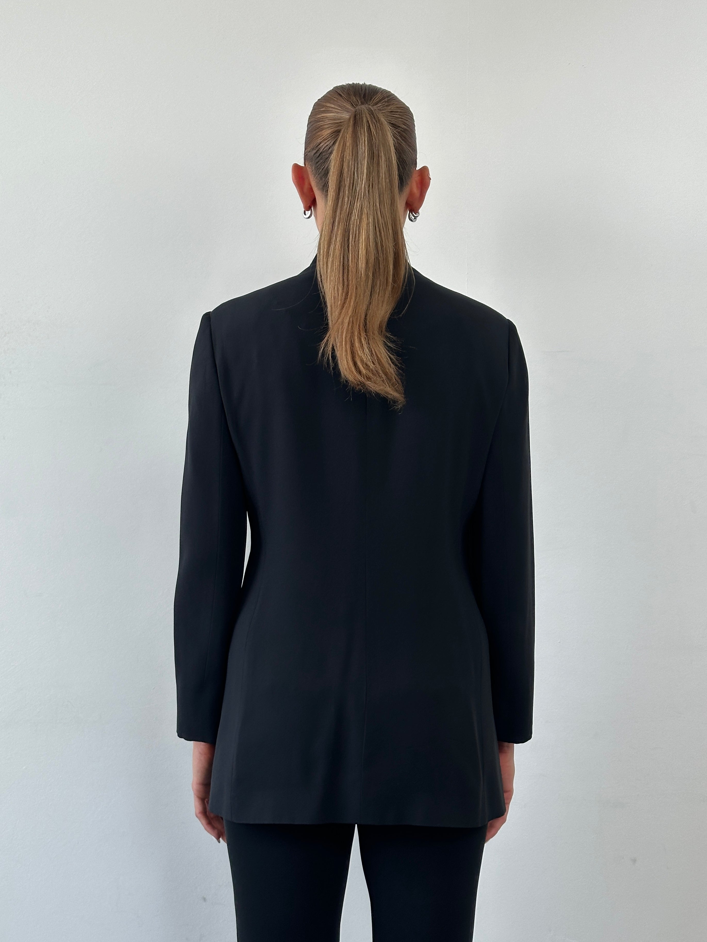 Emporio Armani 1990s high neck tailored blazer jacket in black, featuring structured design and classic fit.