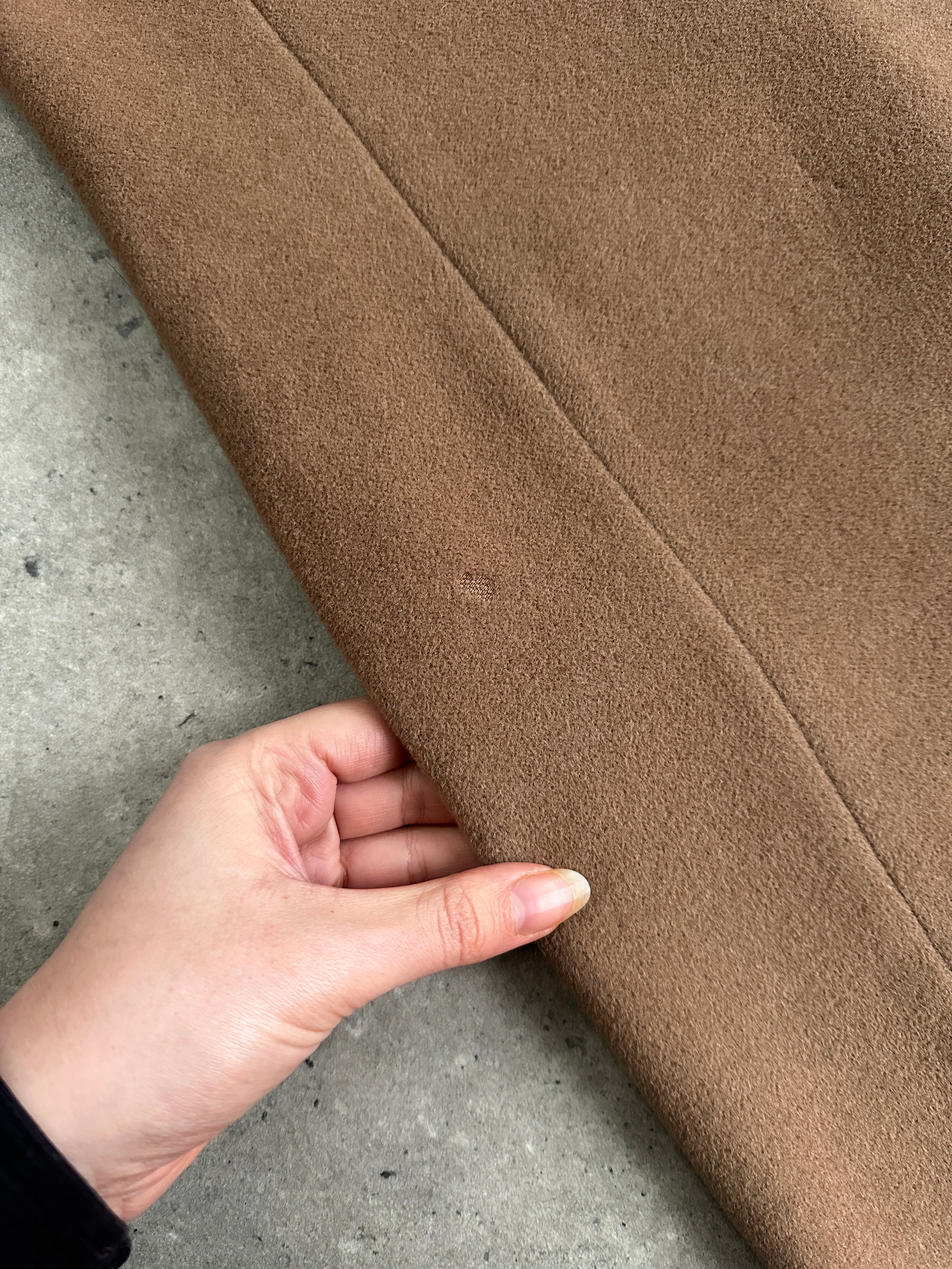 Marella virgin wool single-breasted coat in size S/M, featuring a classic collar and tailored fit, shown on a hanger.