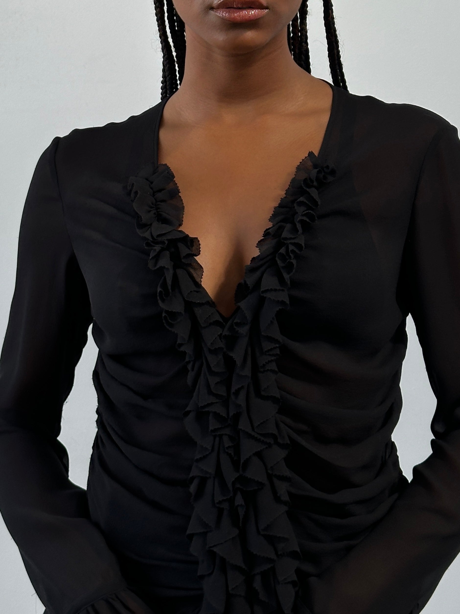 DKNY 2000s pure silk ruched shirt in size M, featuring elegant design and soft fabric, displayed on a hanger.