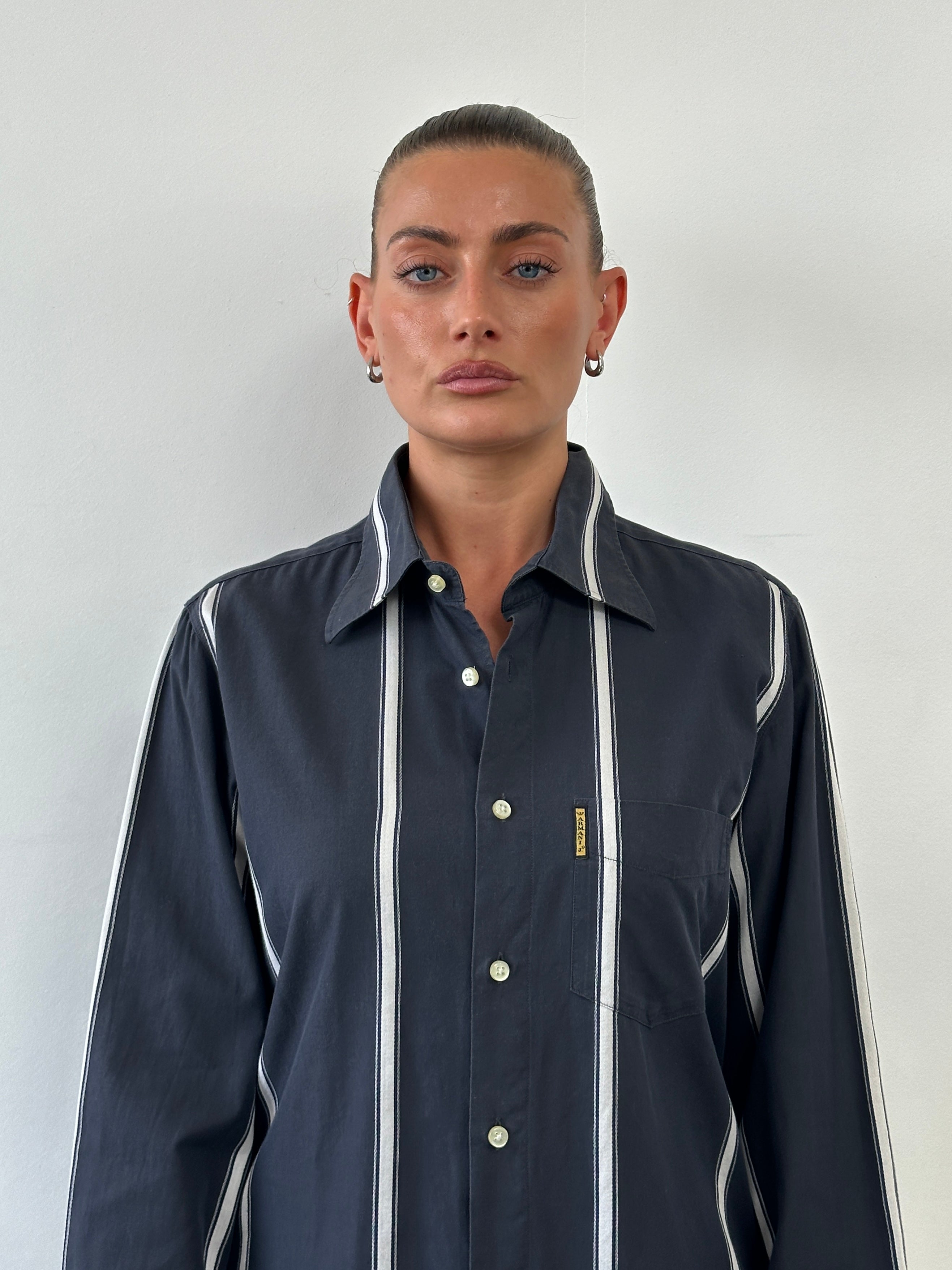Armani Jeans stripe cotton logo shirt in size M, featuring a stylish striped pattern and branded logo detail.