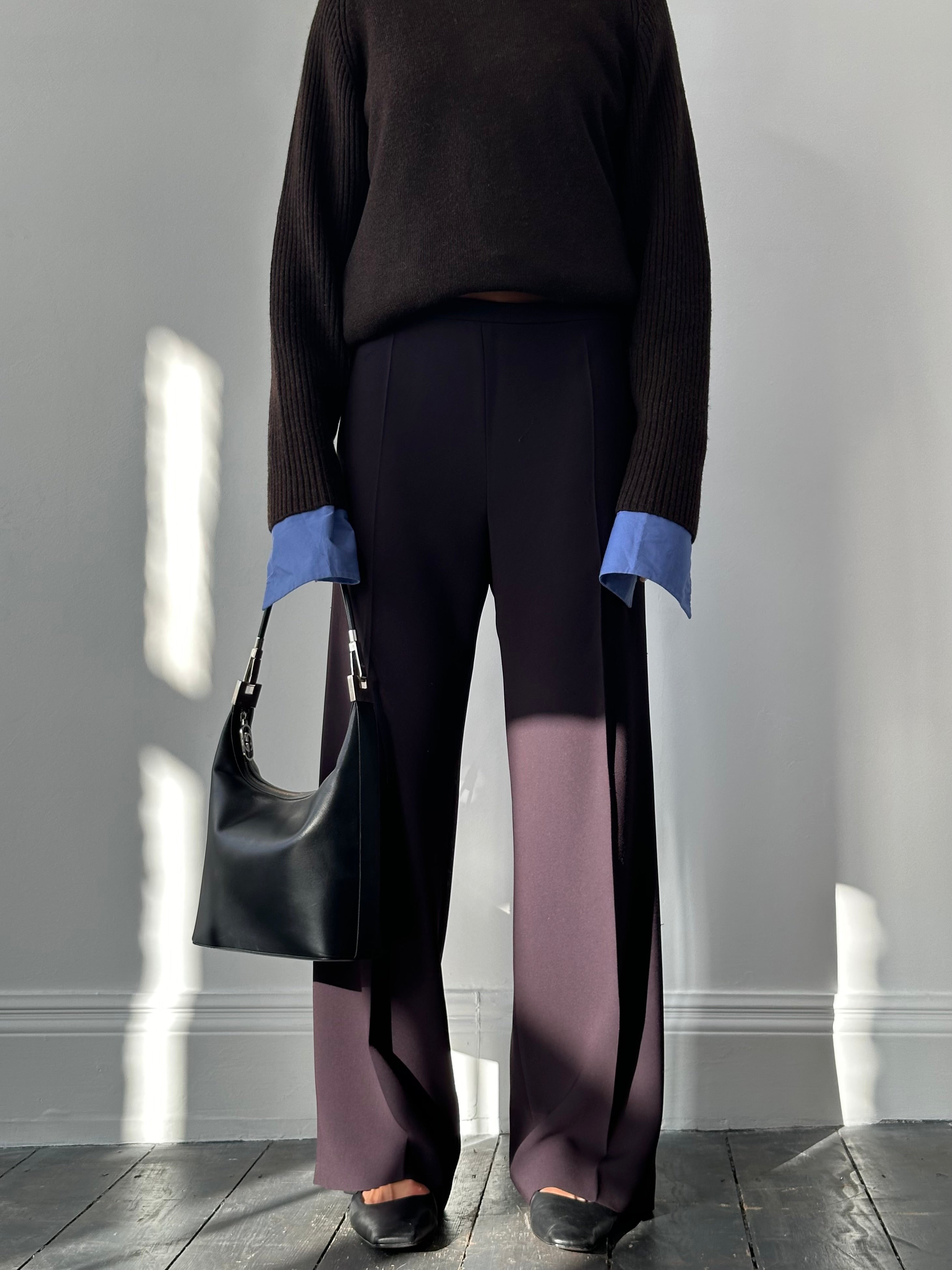 Max Mara minimal wide leg trousers in W32, shown in neutral fabric with a relaxed fit and high waist.