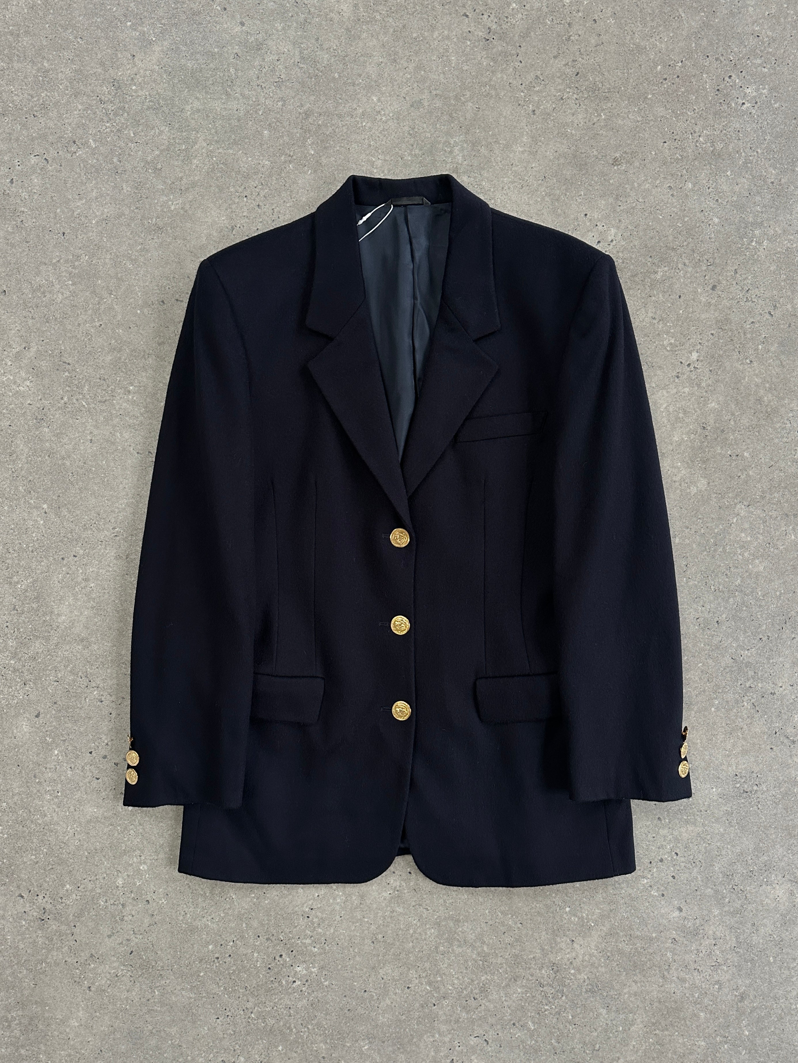 Vintage brushed wool cashmere blazer with bespoke buttons, tailored fit, in size 36R/S, displayed on a hanger.