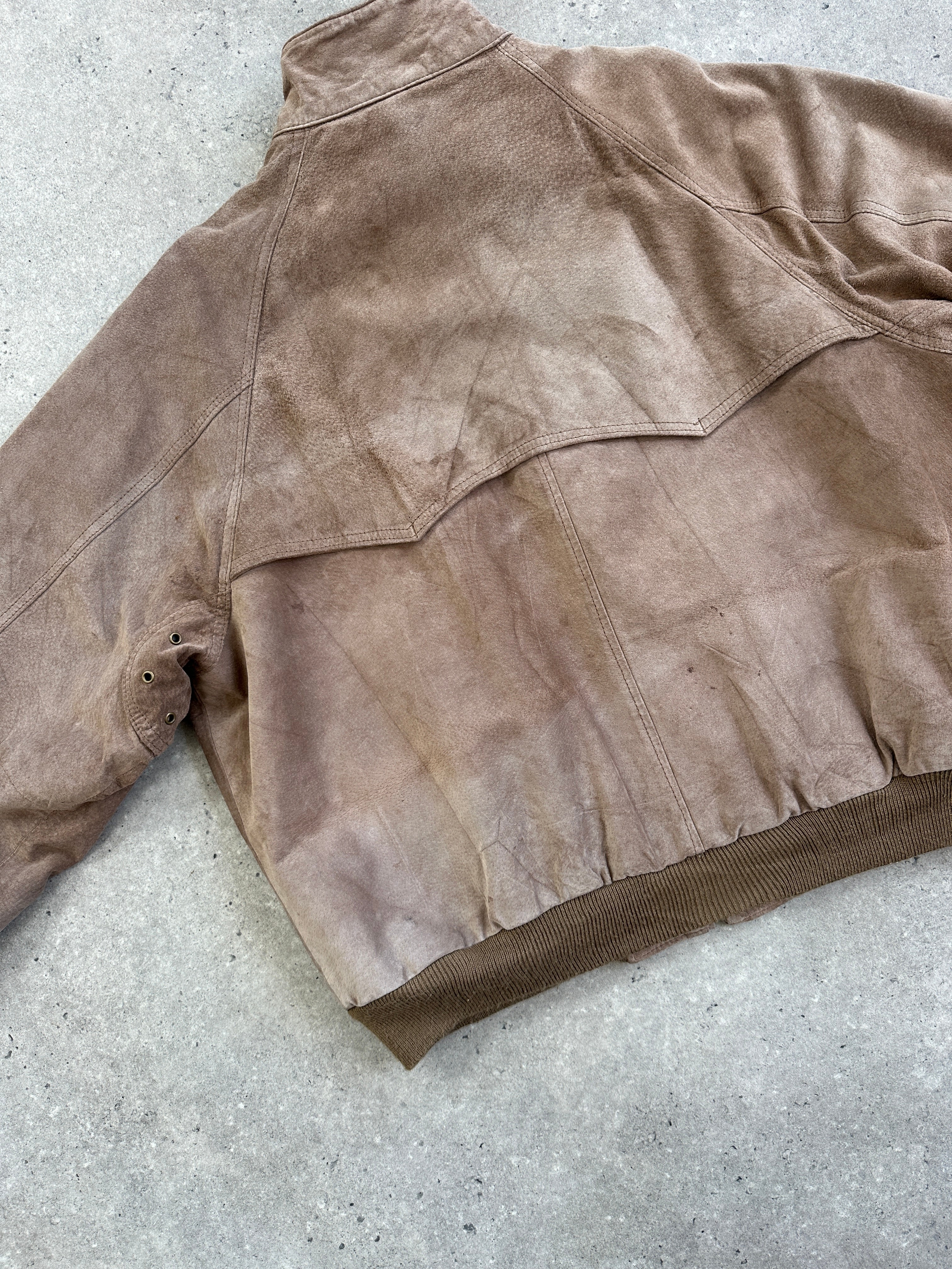 Vintage 1990s high neck suede bomber jacket in XL with a classic design and tan color, featuring a front zipper and ribbed cuffs.