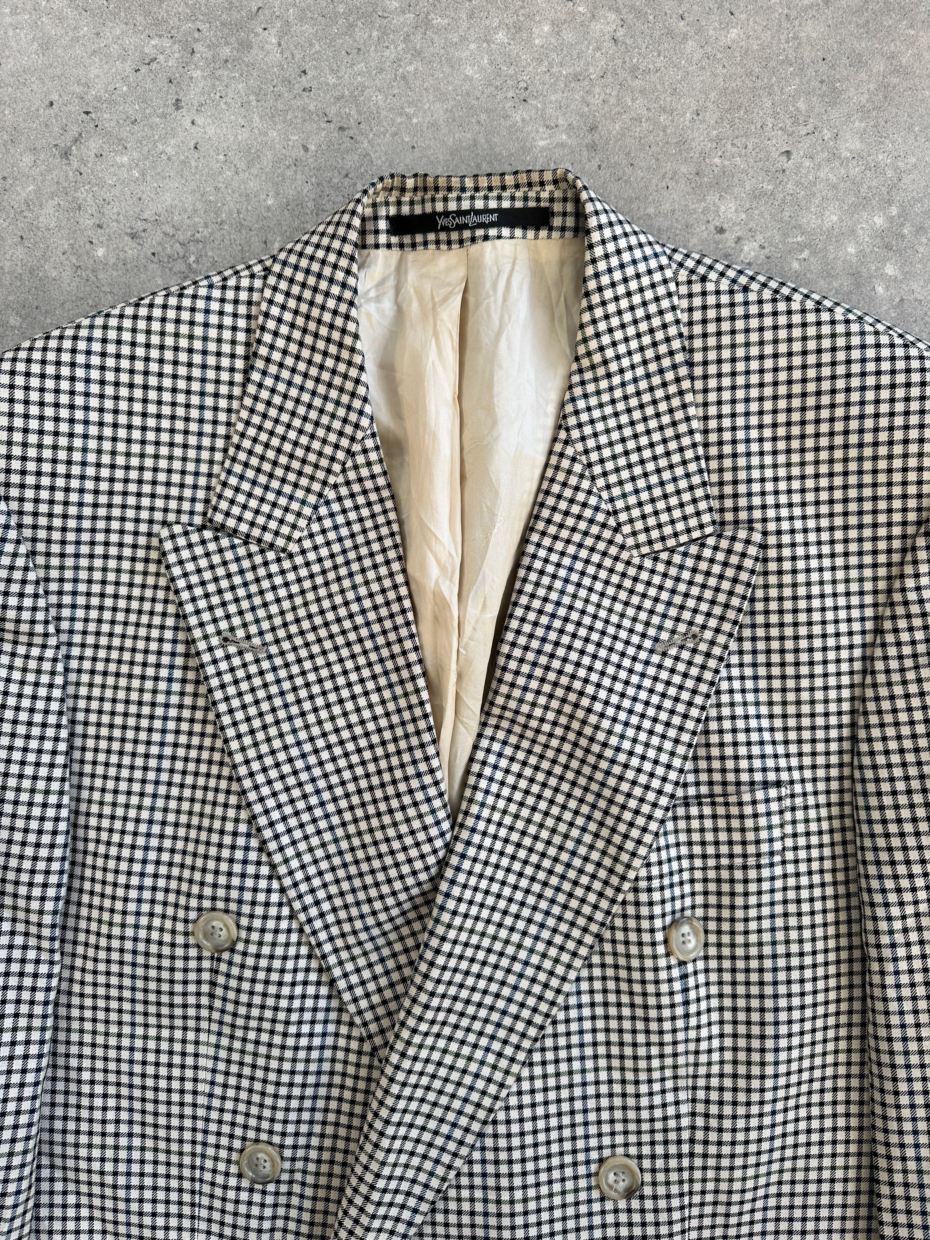 Yves Saint Laurent 1990s wool check double-breasted blazer in size 40R/XL, featuring classic tailored style and button details.