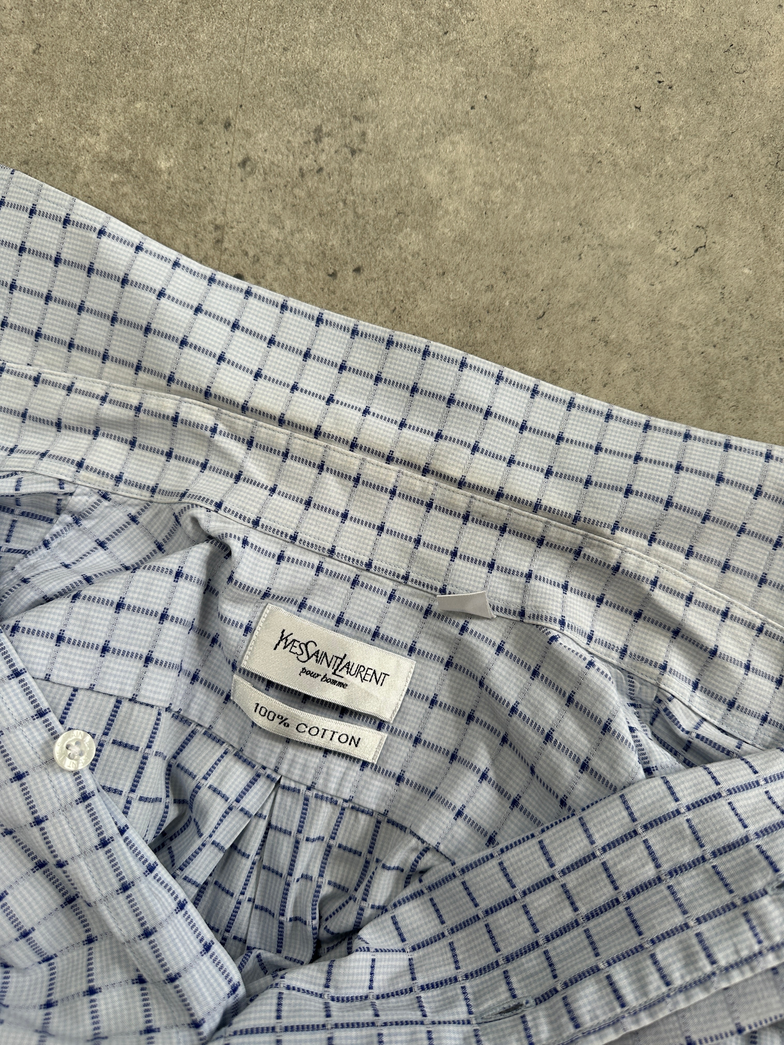 Yves Saint Laurent Pour Homme short sleeve cotton check shirt with logo, size large, featuring a classic pattern and casual fit.
