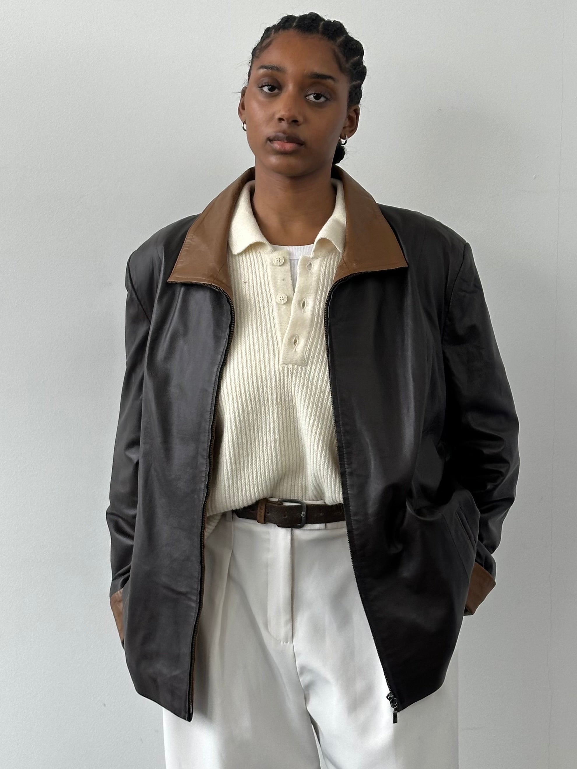 Vintage 1990s high neck leather jacket with contrast panels, XL size, featuring classic vintage style and textured leather details.
