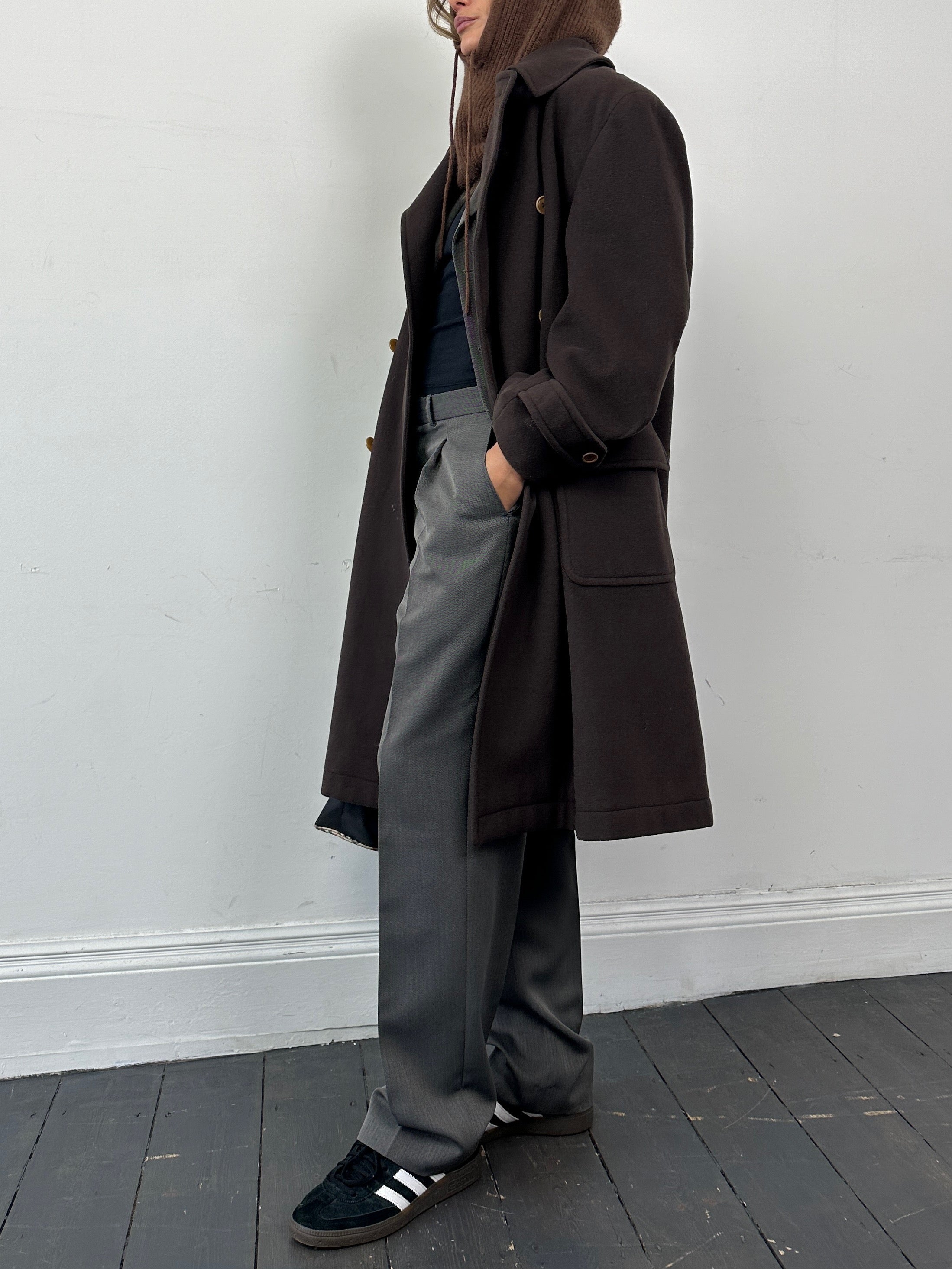 Valentino pure wool double-breasted coat in XL, stylish gray coat with classic lapels and button details, full front view.