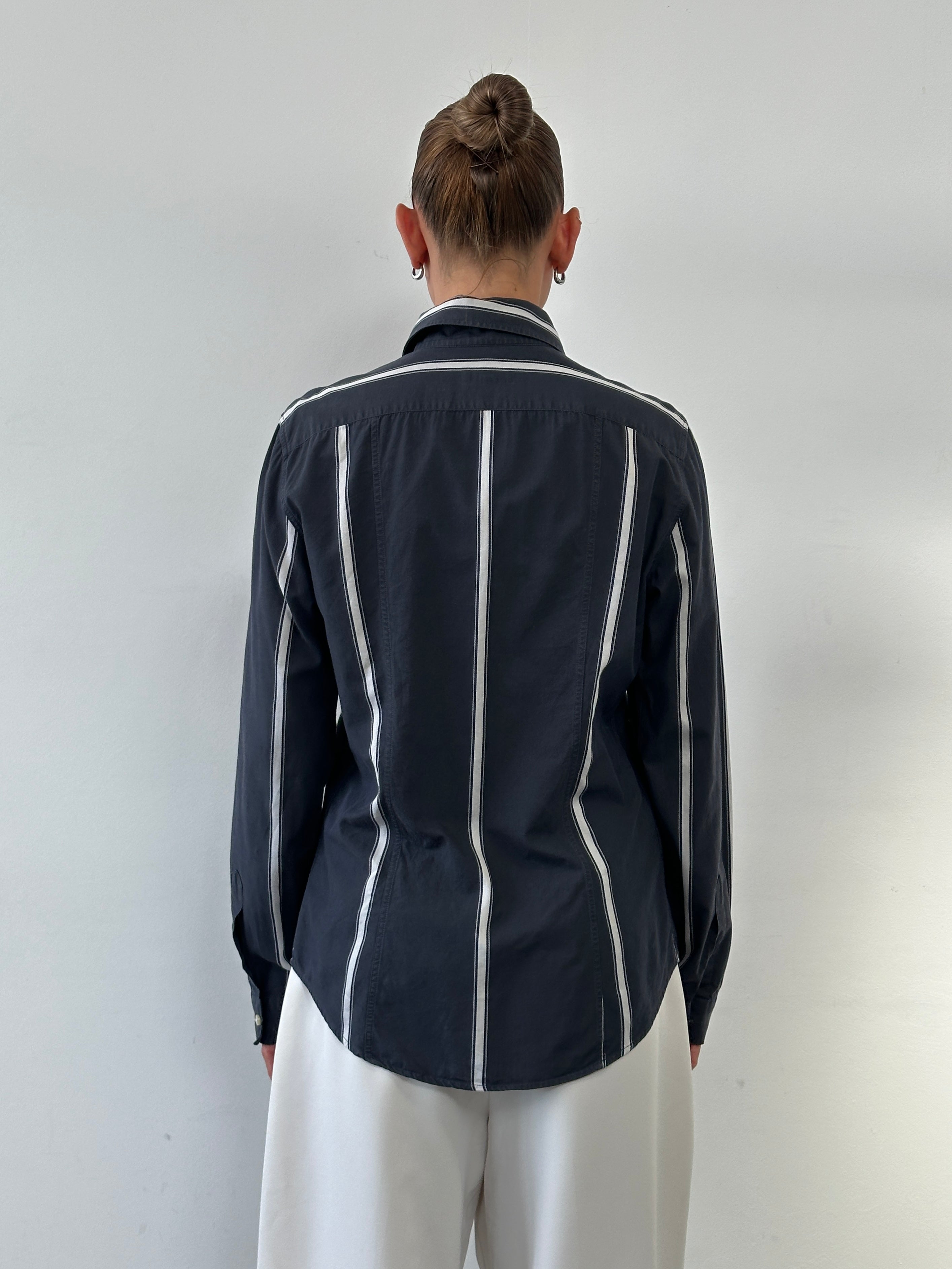 Armani Jeans men's stripe cotton logo shirt, size M, featuring a stylish striped pattern and the Armani logo on the chest.