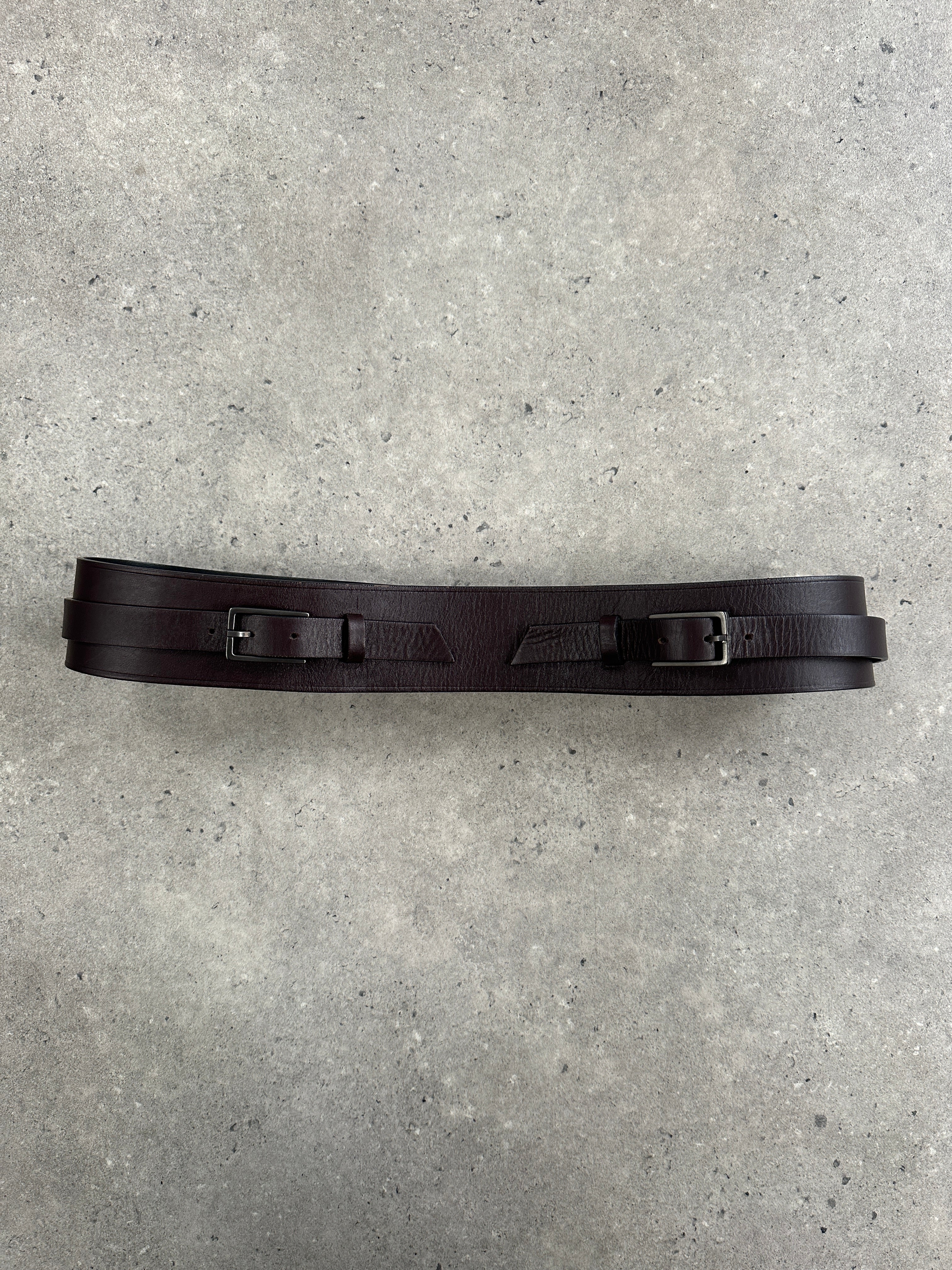 Emporio Armani leather belt with EA buckle, size W30–32, classic black leather accessory for men's fashion.