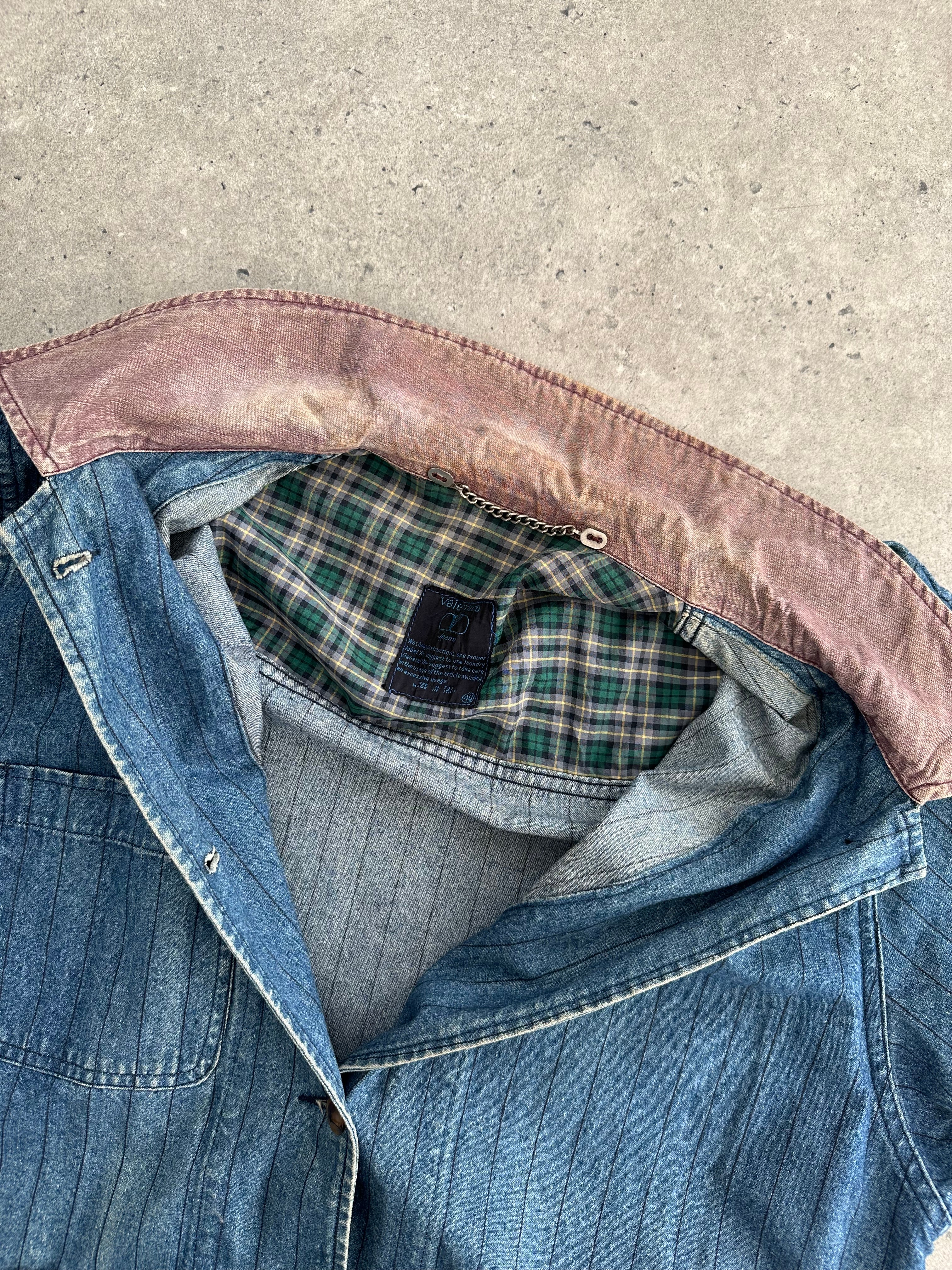Valentino XL denim workwear jacket with pinstripe pattern, featuring classic collar and button front, displayed on a hanger.