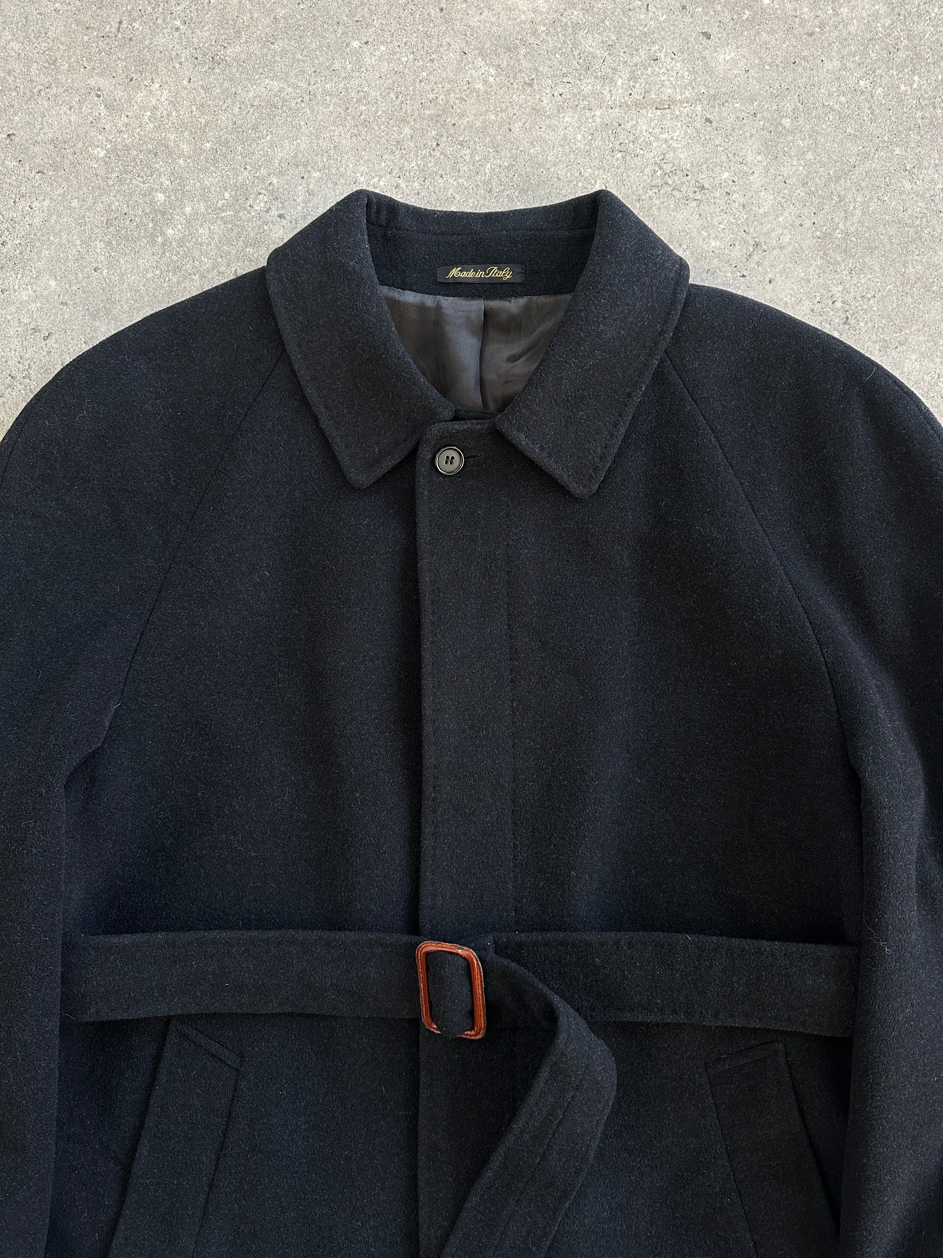 Italian vintage 1990s wool cashmere belted coat in XXL, showcasing its classic design and warm, textured fabric.