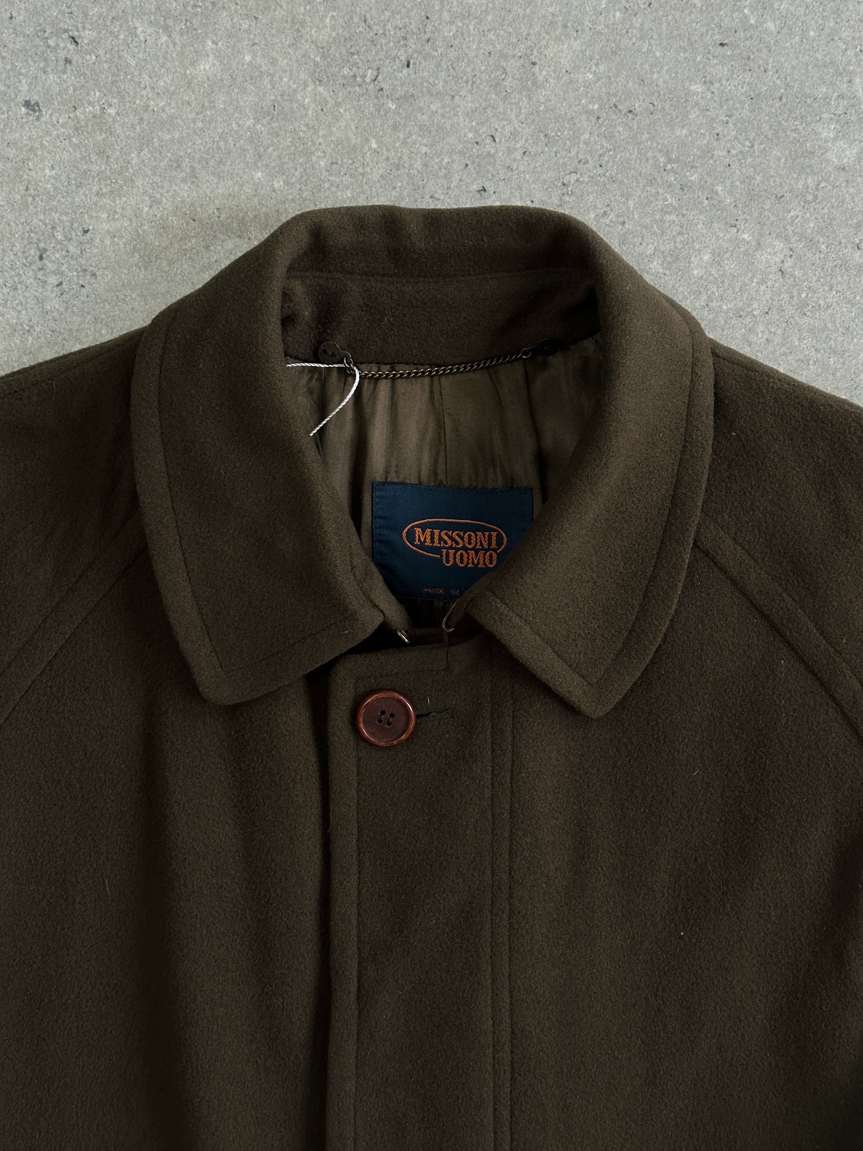 Missoni 1990s wool coat with concealed placket in XXL size, featuring a tailored fit and classic design, shown on a hanger.