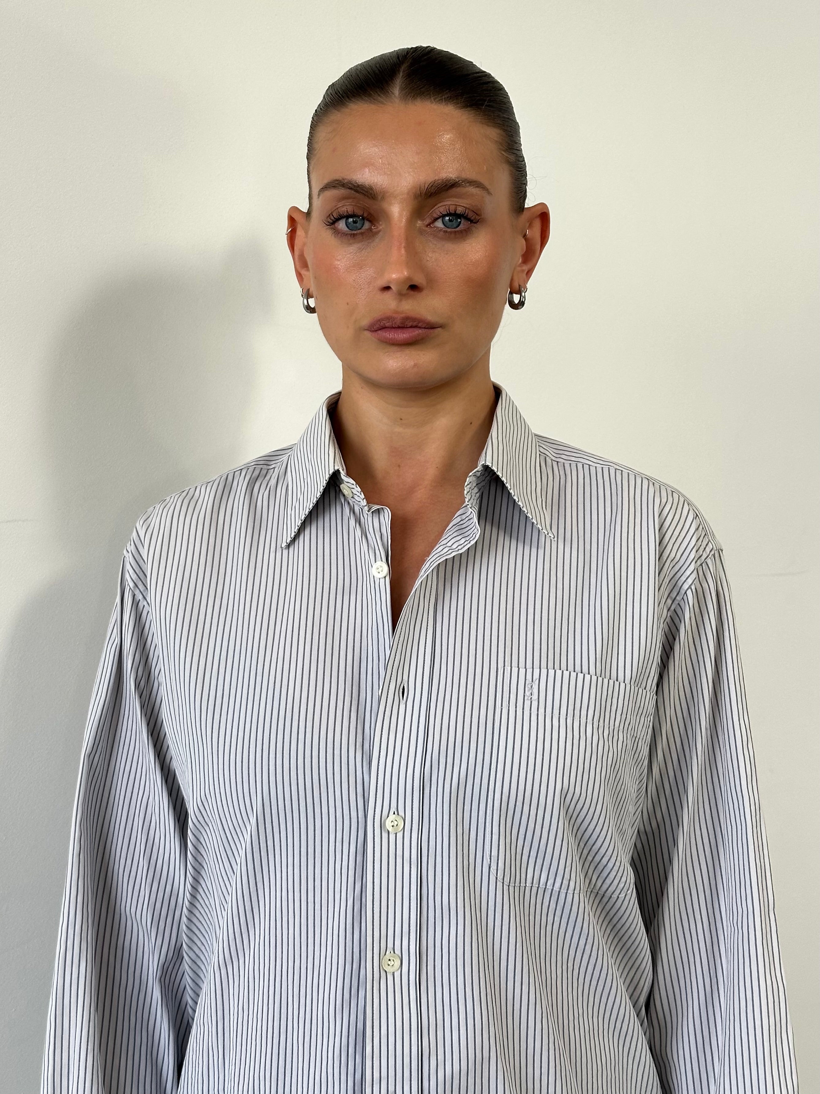 Yves Saint Laurent stripe cotton logo shirt in size M with classic design and bold logo details, displayed on a hanger.