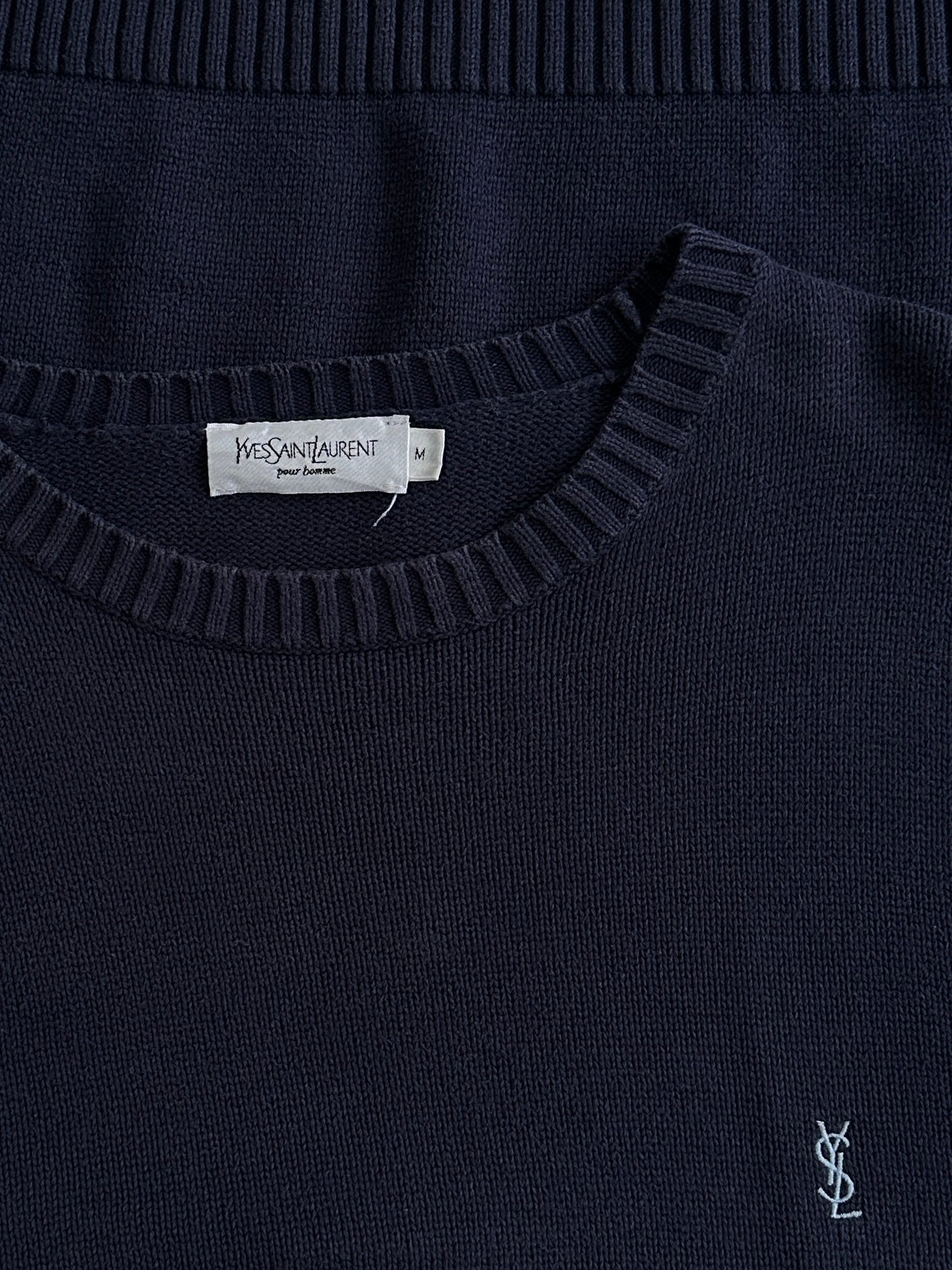 Yves Saint Laurent men's cotton jumper in size L/XL with knitted logo design, soft and comfortable casual knitwear.
