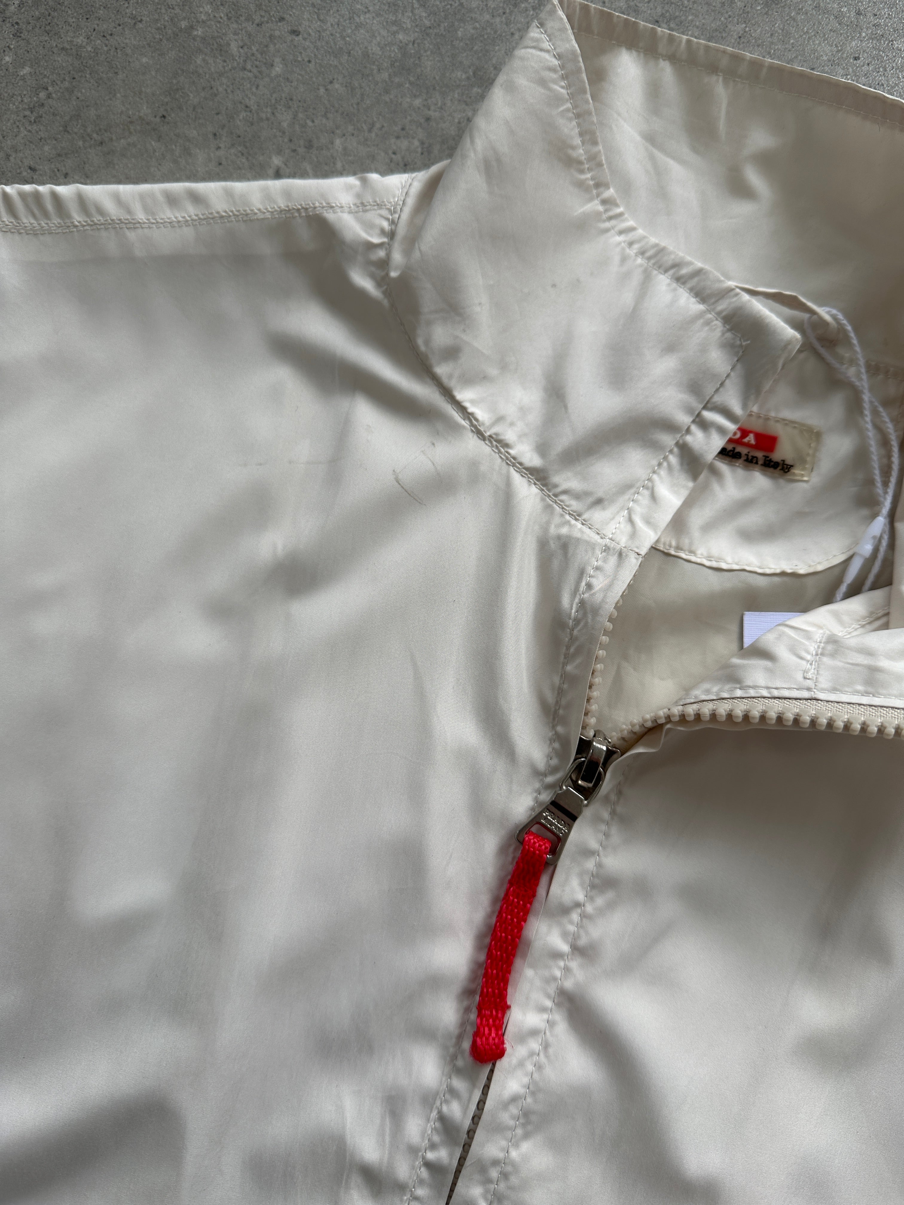 Prada sleeveless nylon vest with double zipper and XL size, featuring a sleek, lightweight design suitable for casual wear.