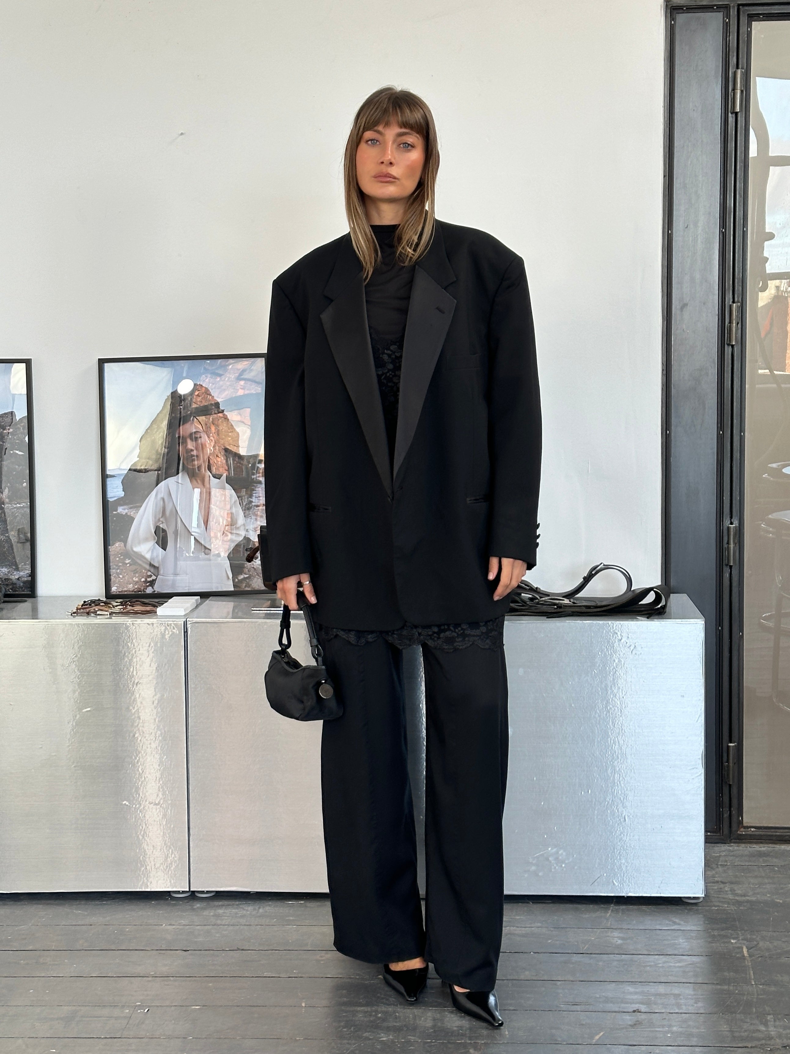 Christian Dior Le Connaisseur 1990s tuxedo wool blazer in size 52R/XXL, tailored fit with classic black lapels and structured design.