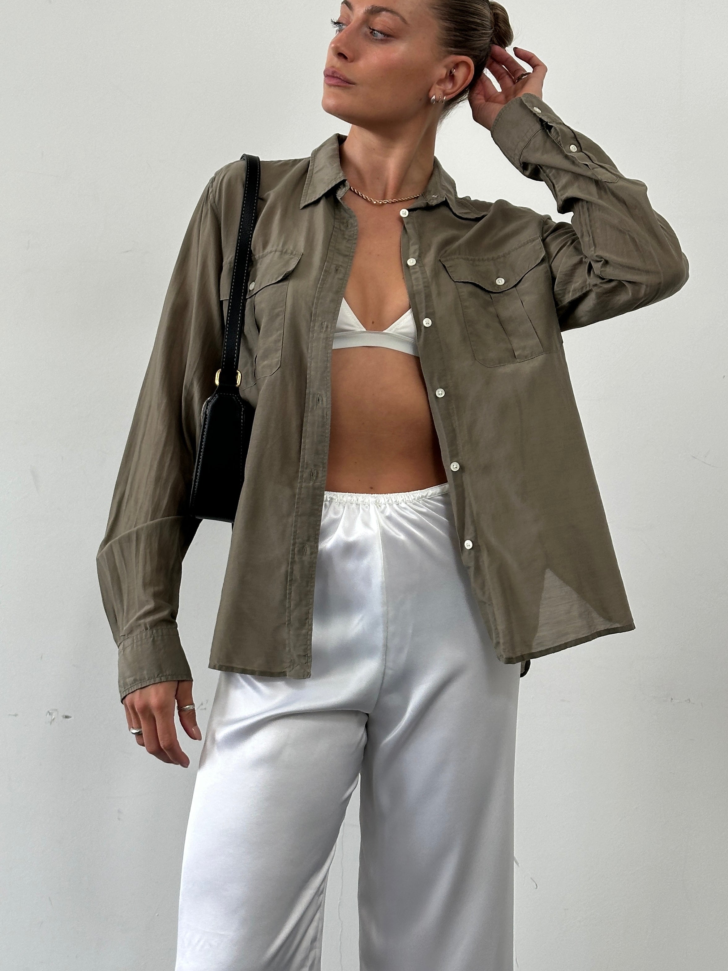Ralph Lauren silk cotton semi-sheer lightweight shirt in size L, featuring a relaxed fit and elegant design.