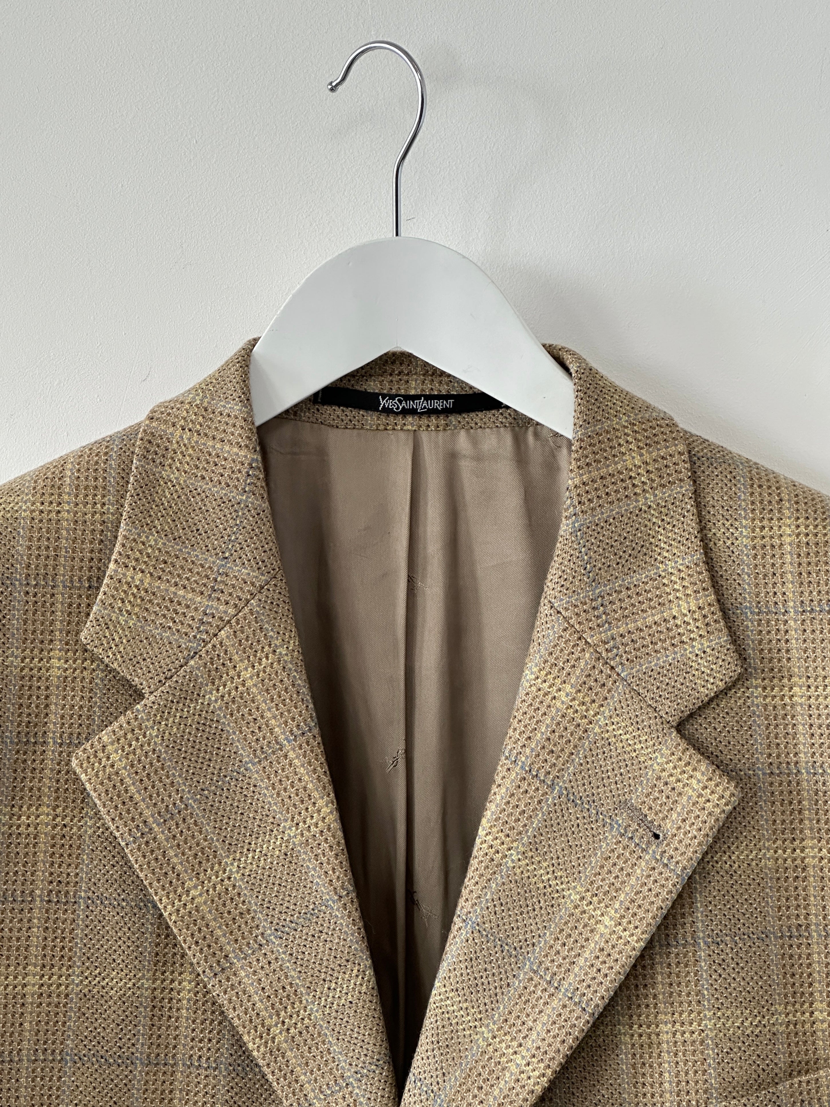 Yves Saint Laurent Pour Homme XXL check wool blazer, tailored fit with classic pattern, front button closure and notched lapels.