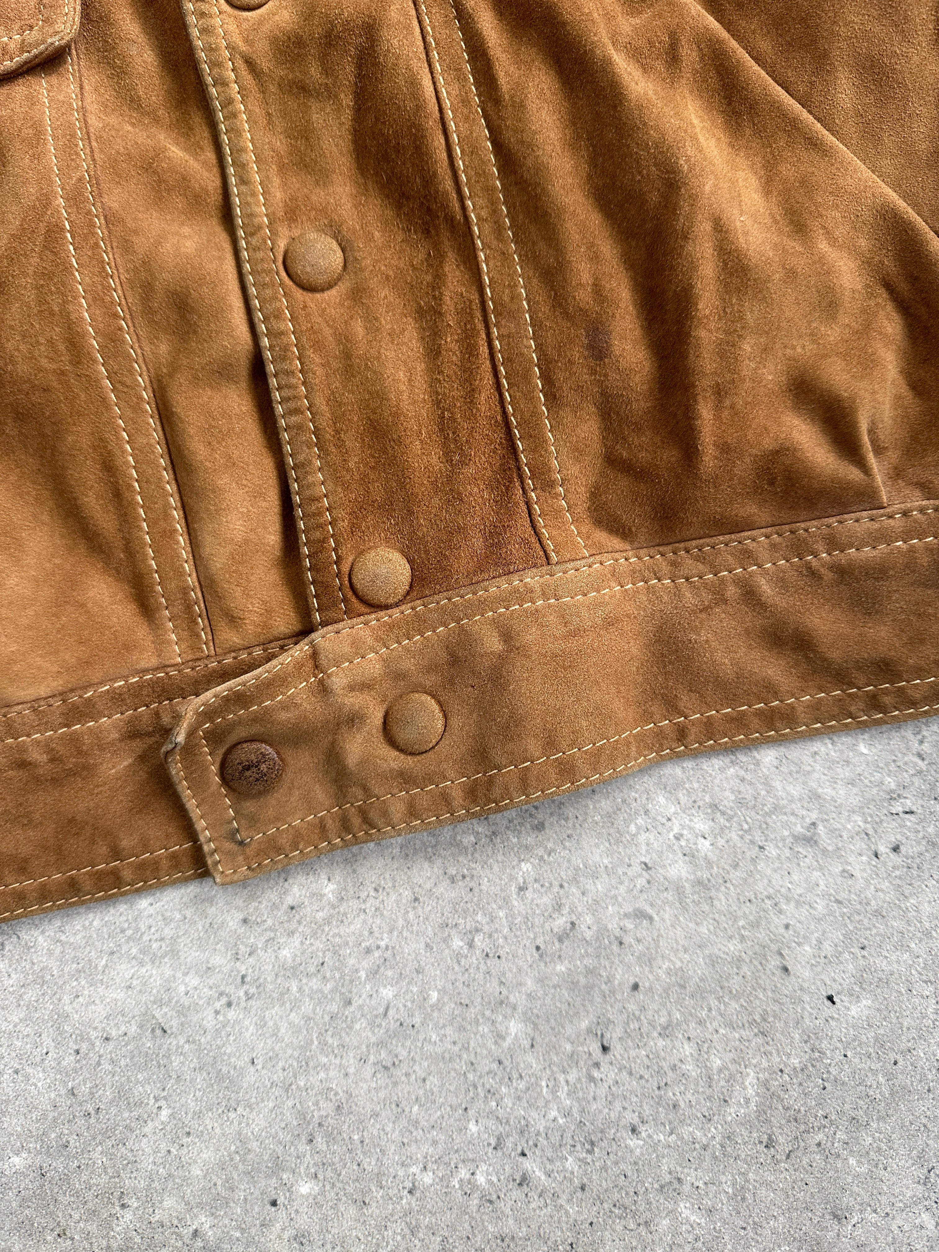 Vintage high neck suede bomber jacket in size M, featuring a classic design with a smooth suede finish and ribbed collar.