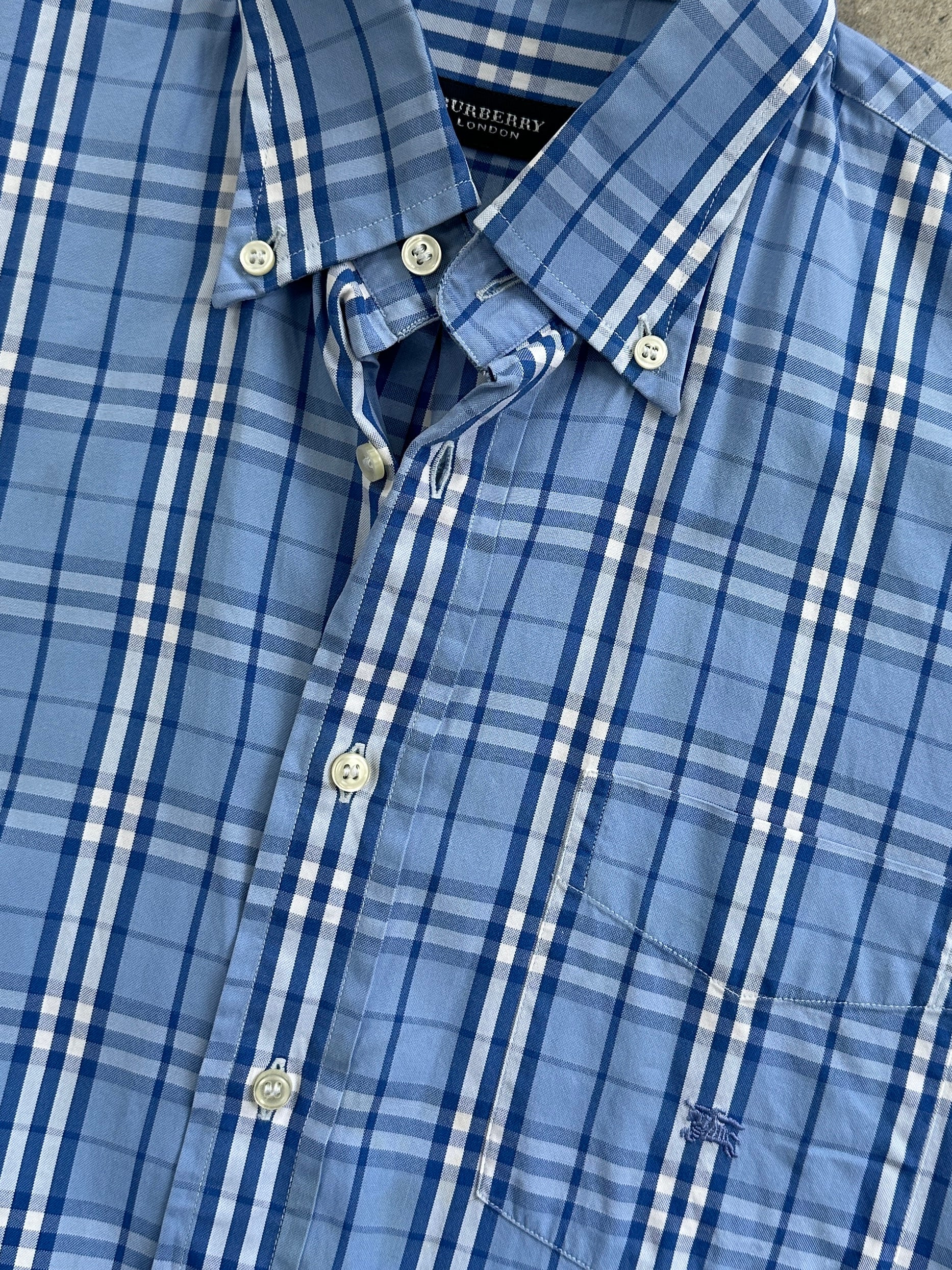 Burberry London Check cotton logo shirt in size M/L, featuring the classic check pattern and embroidered logo on the chest.