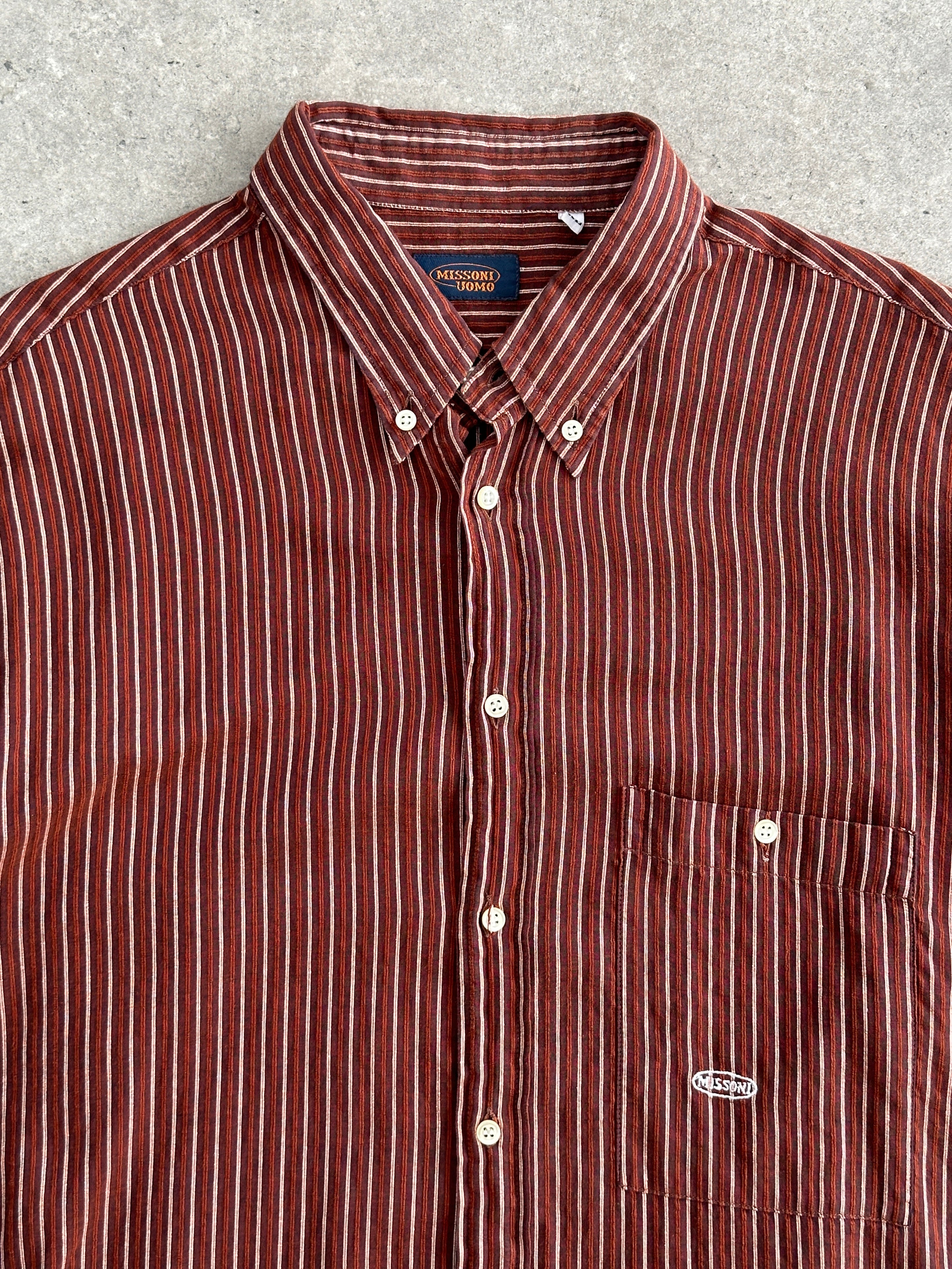 Missoni 1990s pure cotton short sleeve stripe shirt in XXL, featuring colorful horizontal stripes and classic design.