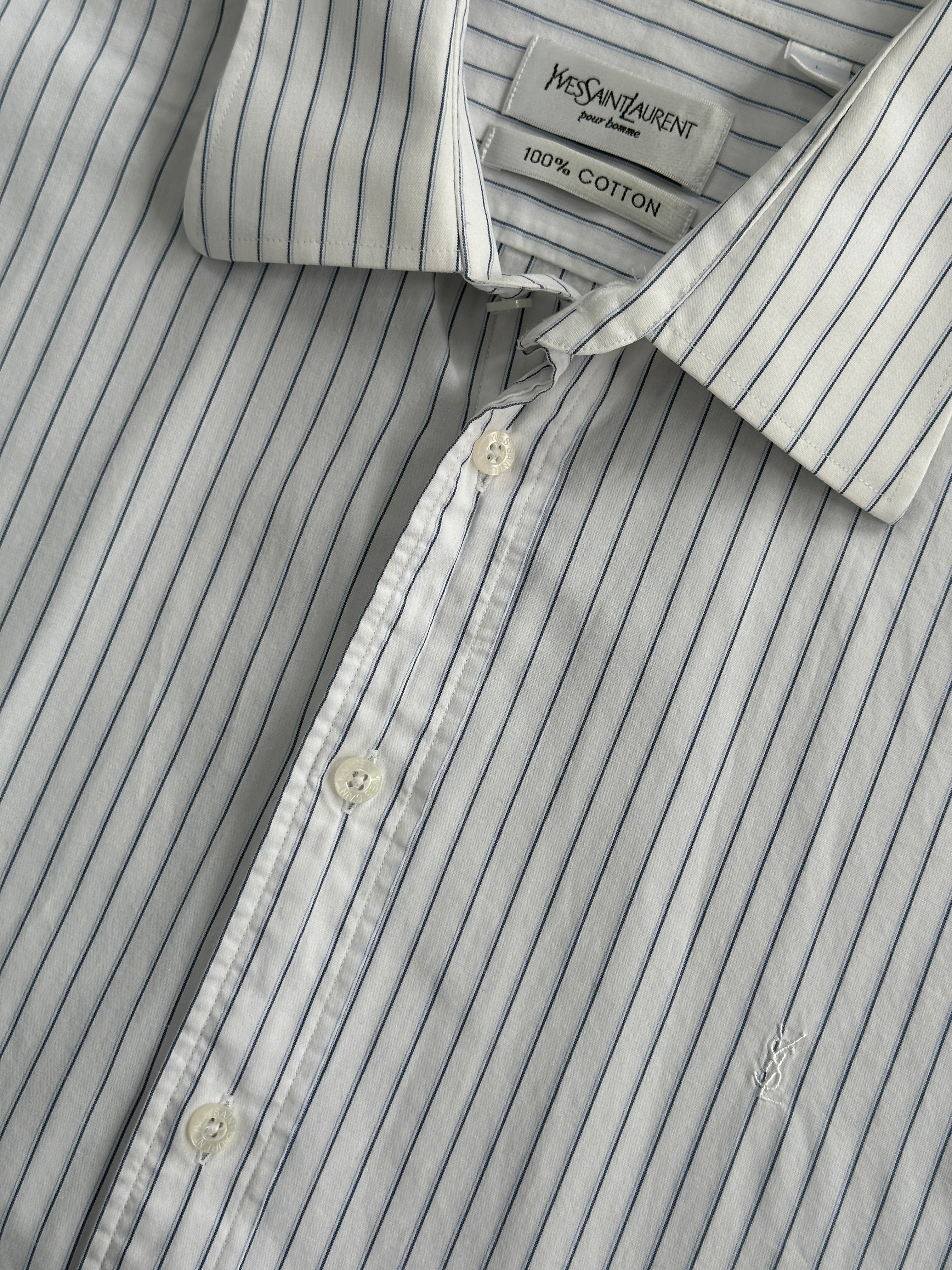 Yves Saint Laurent Pour Homme stripe cotton logo shirt in size L/XL, featuring classic design and brand logo detail.