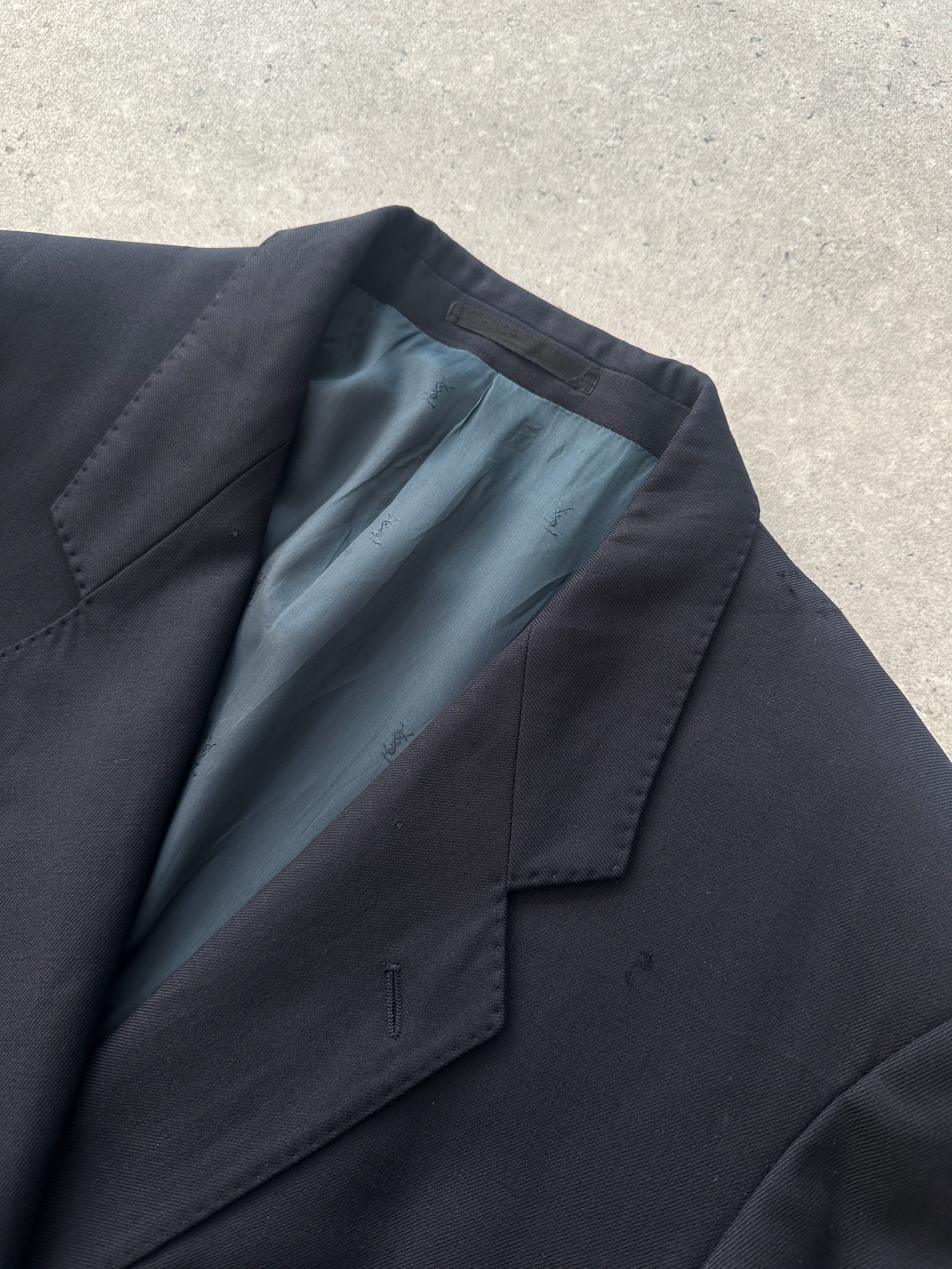 Yves Saint Laurent Pour Homme 1980s bespoke men's wool blazer, XL size, tailored with classic lapels and button closure.
