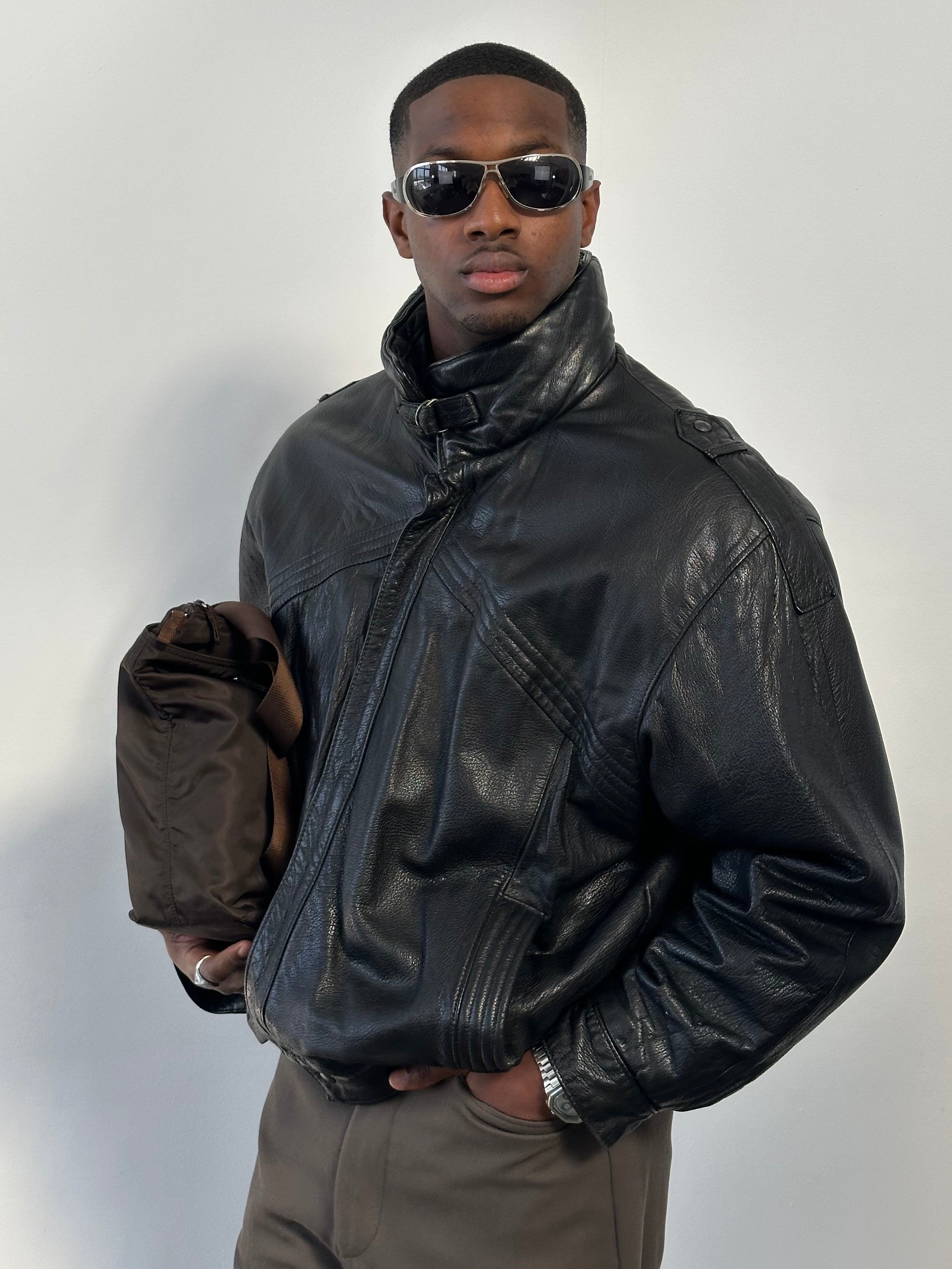 St Michael 1980s High Neck Leather Bomber Jacket - XL