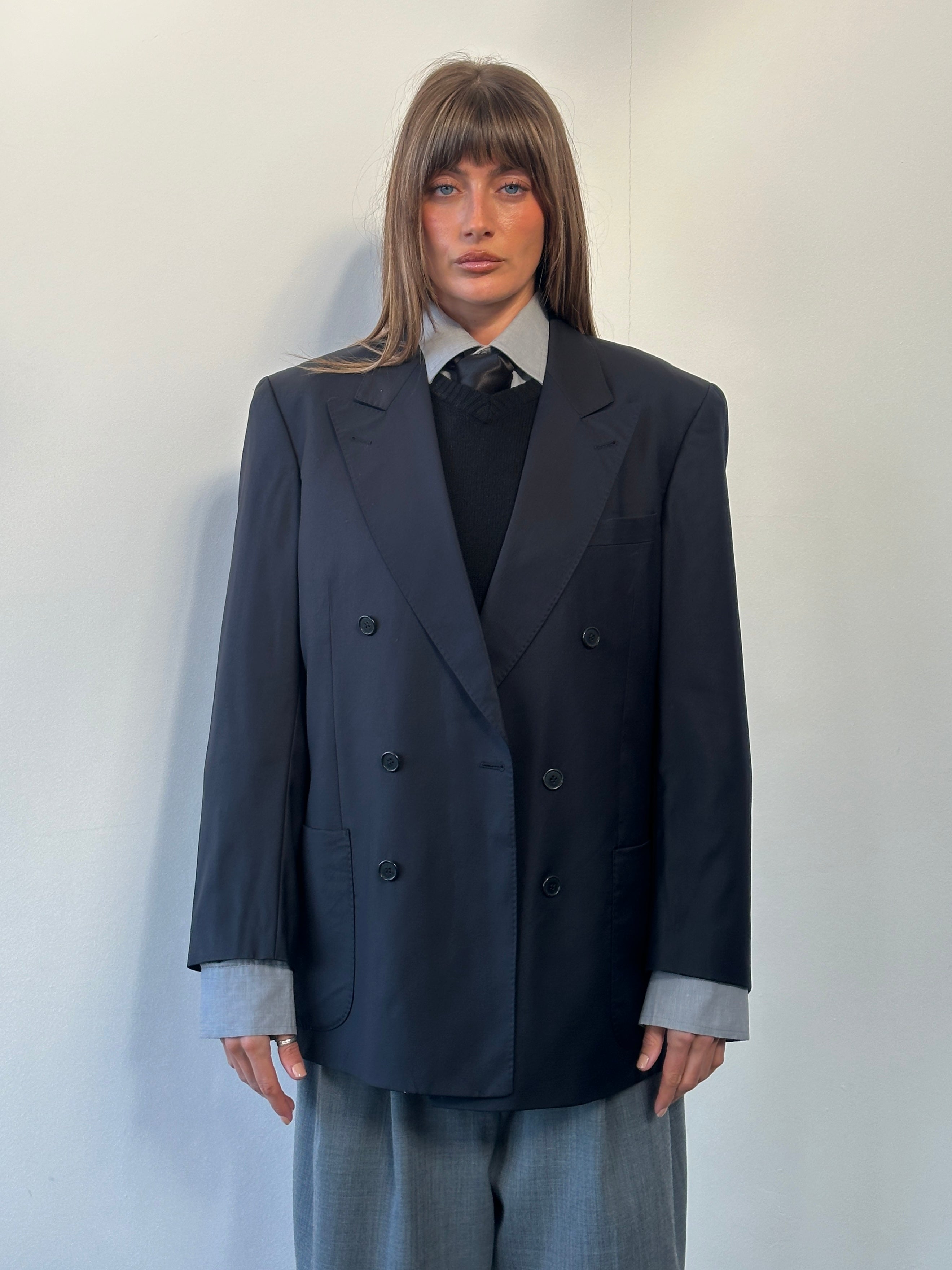 Louis Feraud x Loro Piana 1990s pure wool double-breasted blazer, size 40R/L, featuring classic tailored style and high-quality fabric.