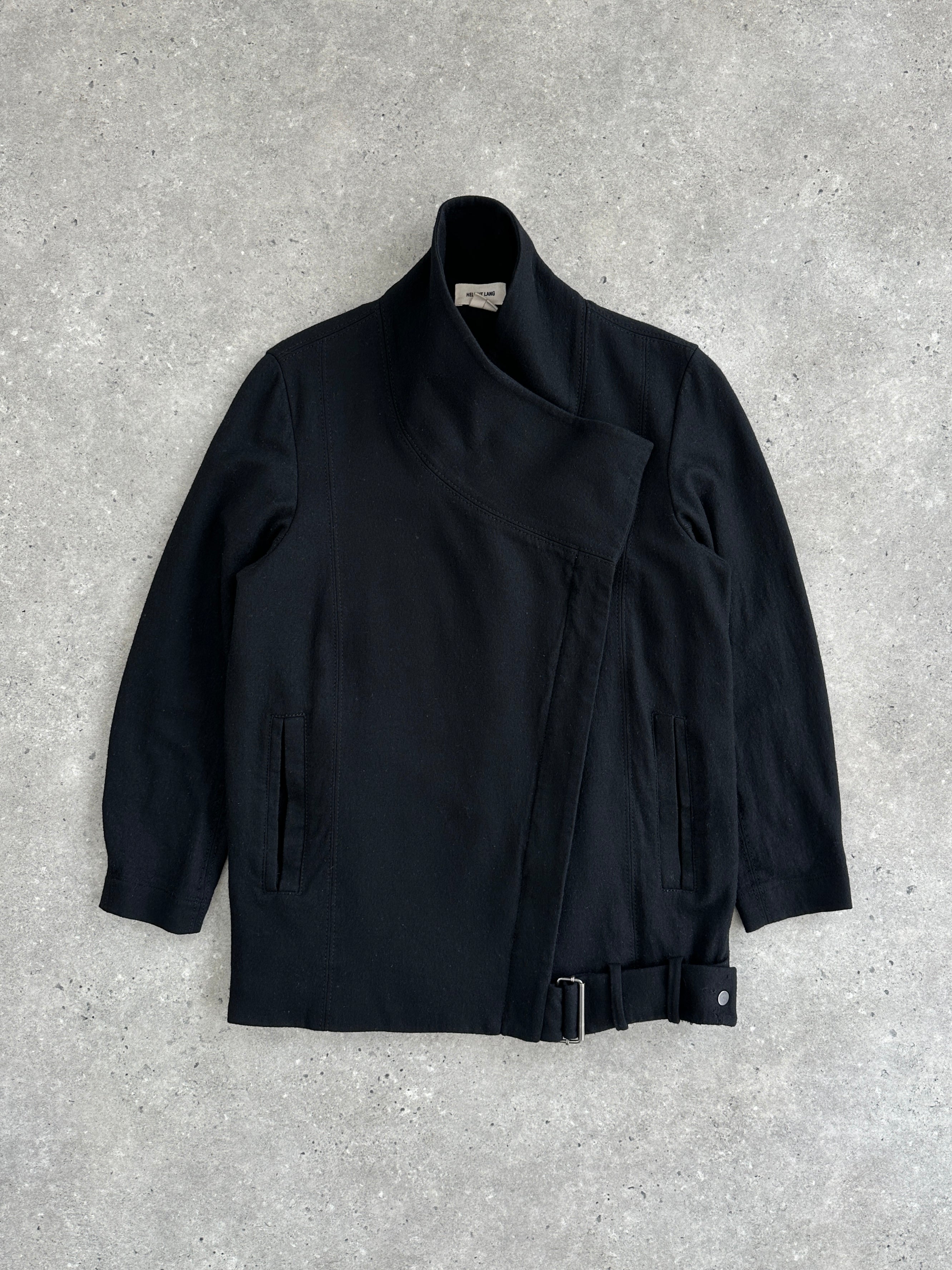 Helmut Lang asymmetric high neck wool belted jacket in size S, featuring a modern design with a high collar and belt details.