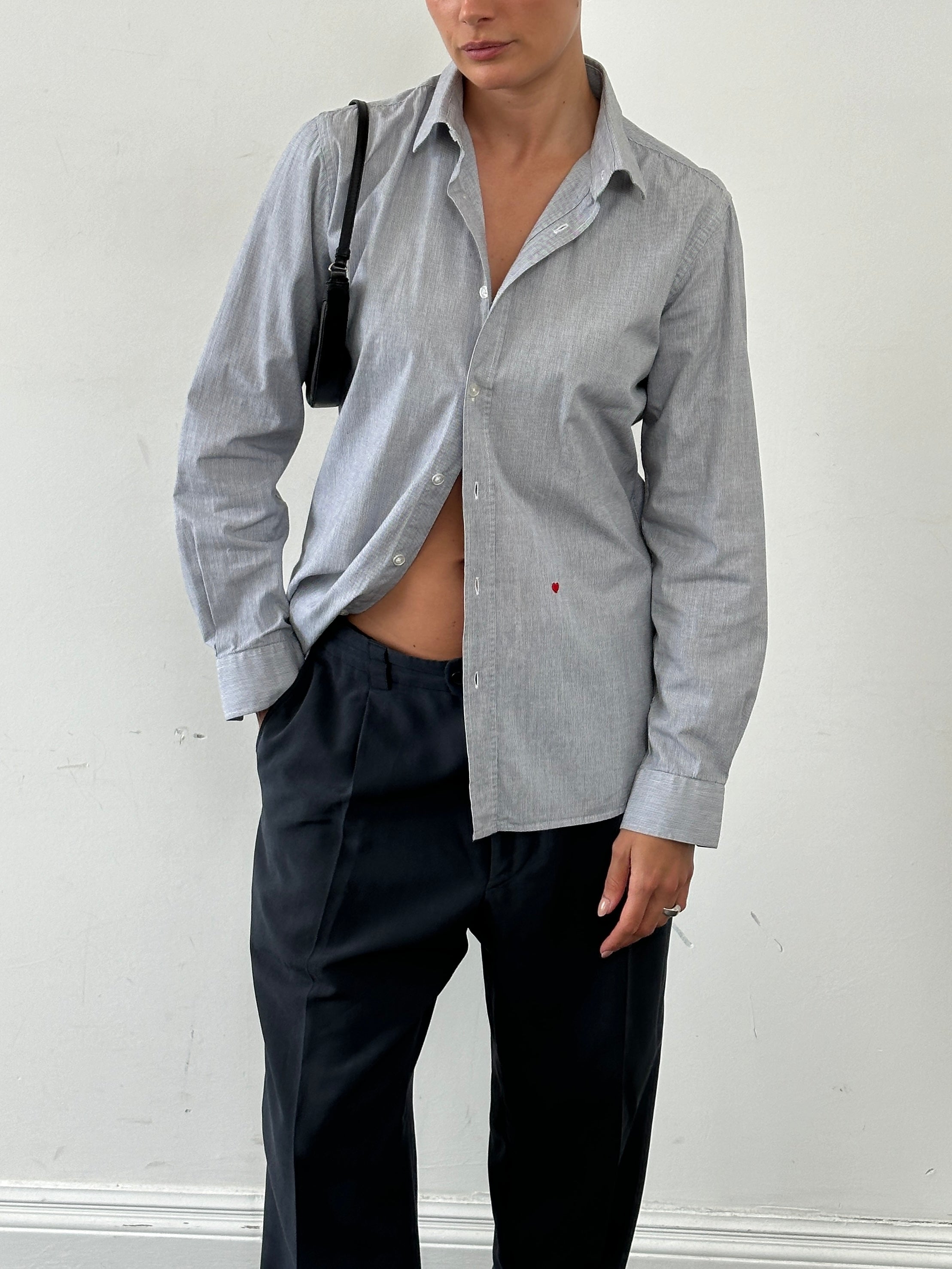 Moschino men's white cotton shirt with heart embroidery, long sleeves, classic collar, and button front.
