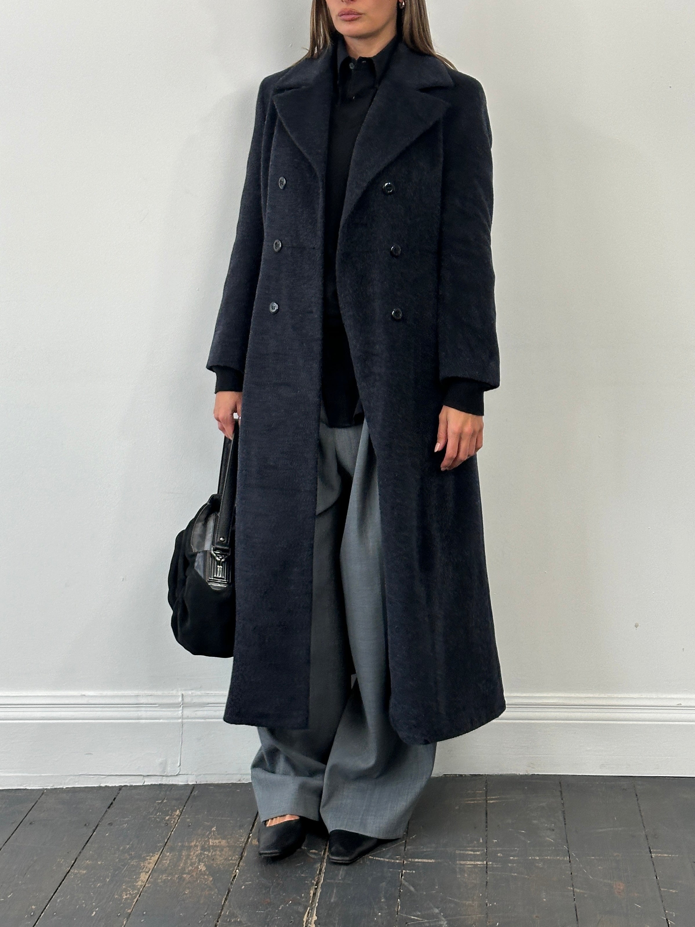 Vintage 1990s wool and mohair double-breasted coat in S/M size, featuring classic design and textured fabric.