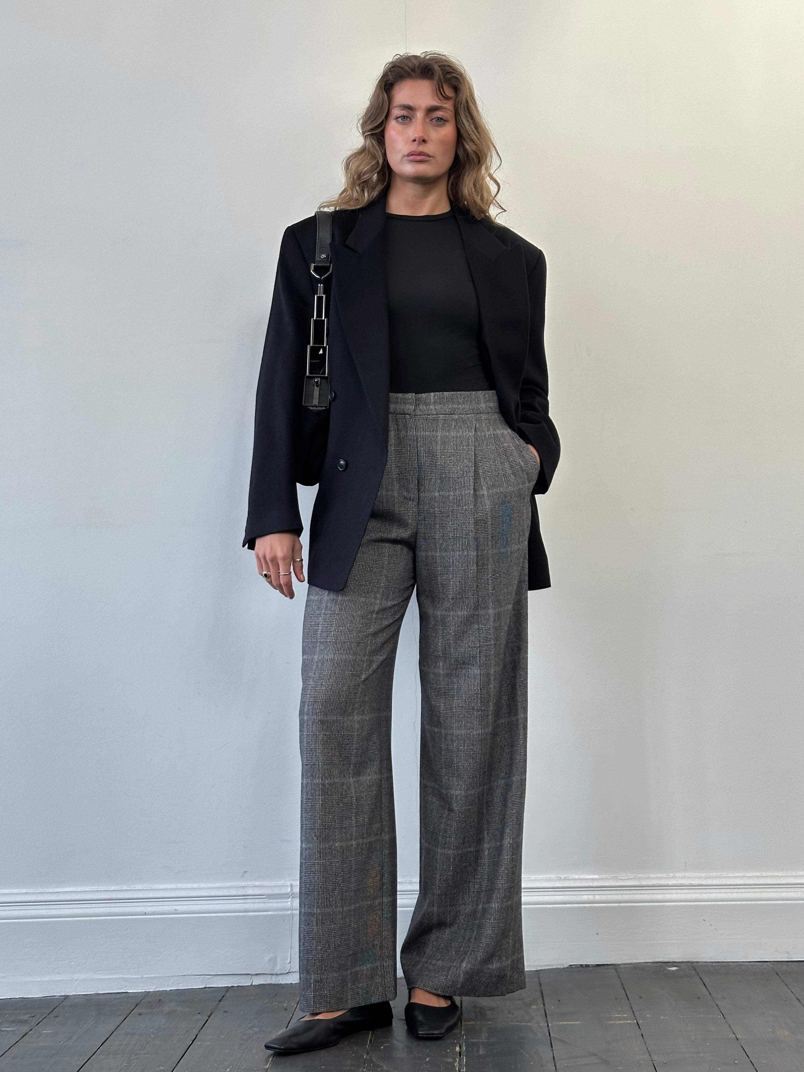 Max Mara Brushed Wool High Waisted Wide Leg Check Trousers - W28 - SYLK