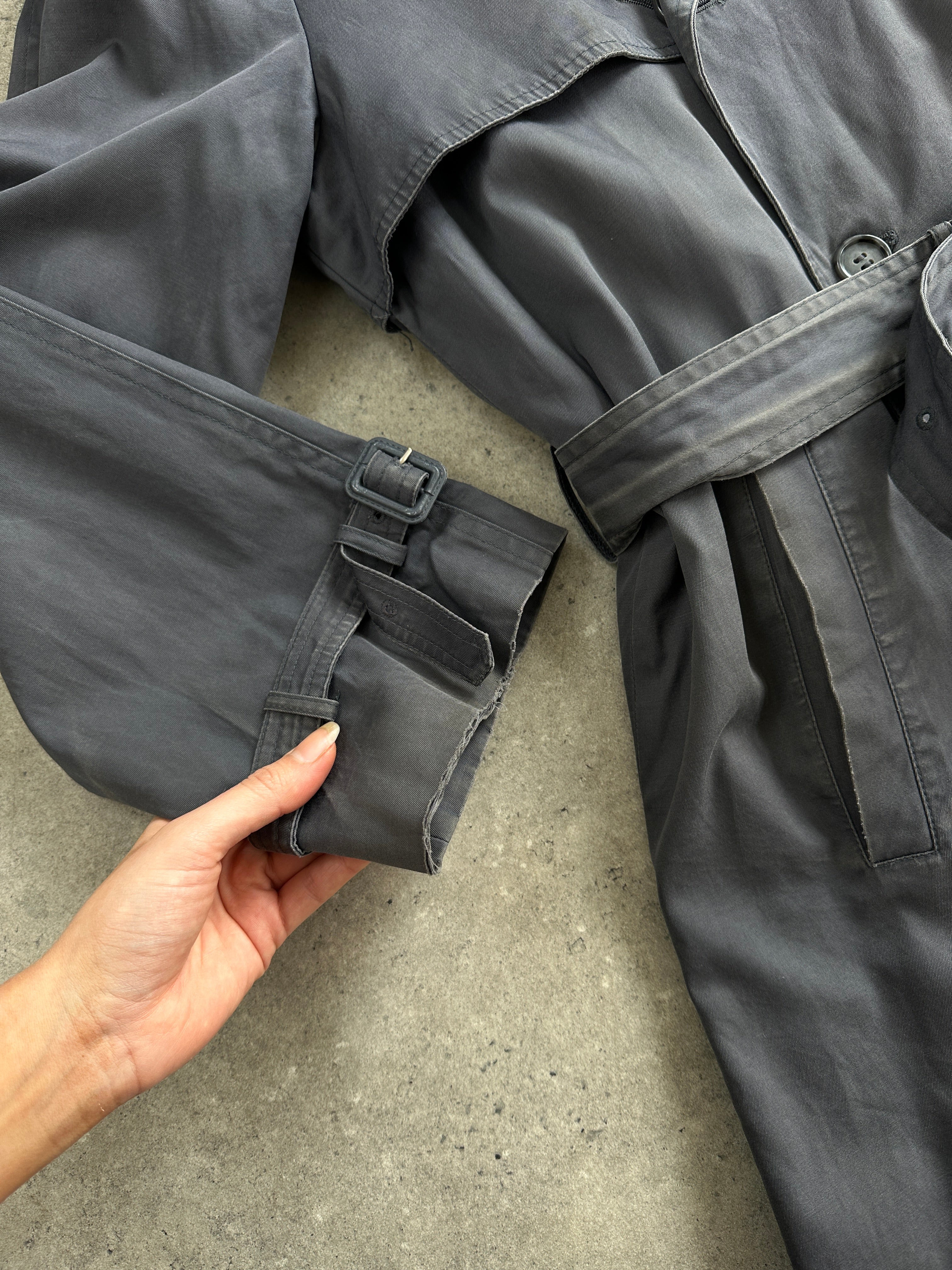 Yves Saint Laurent cotton double-breasted belted trench coat in XL, featuring classic design and tailored fit.