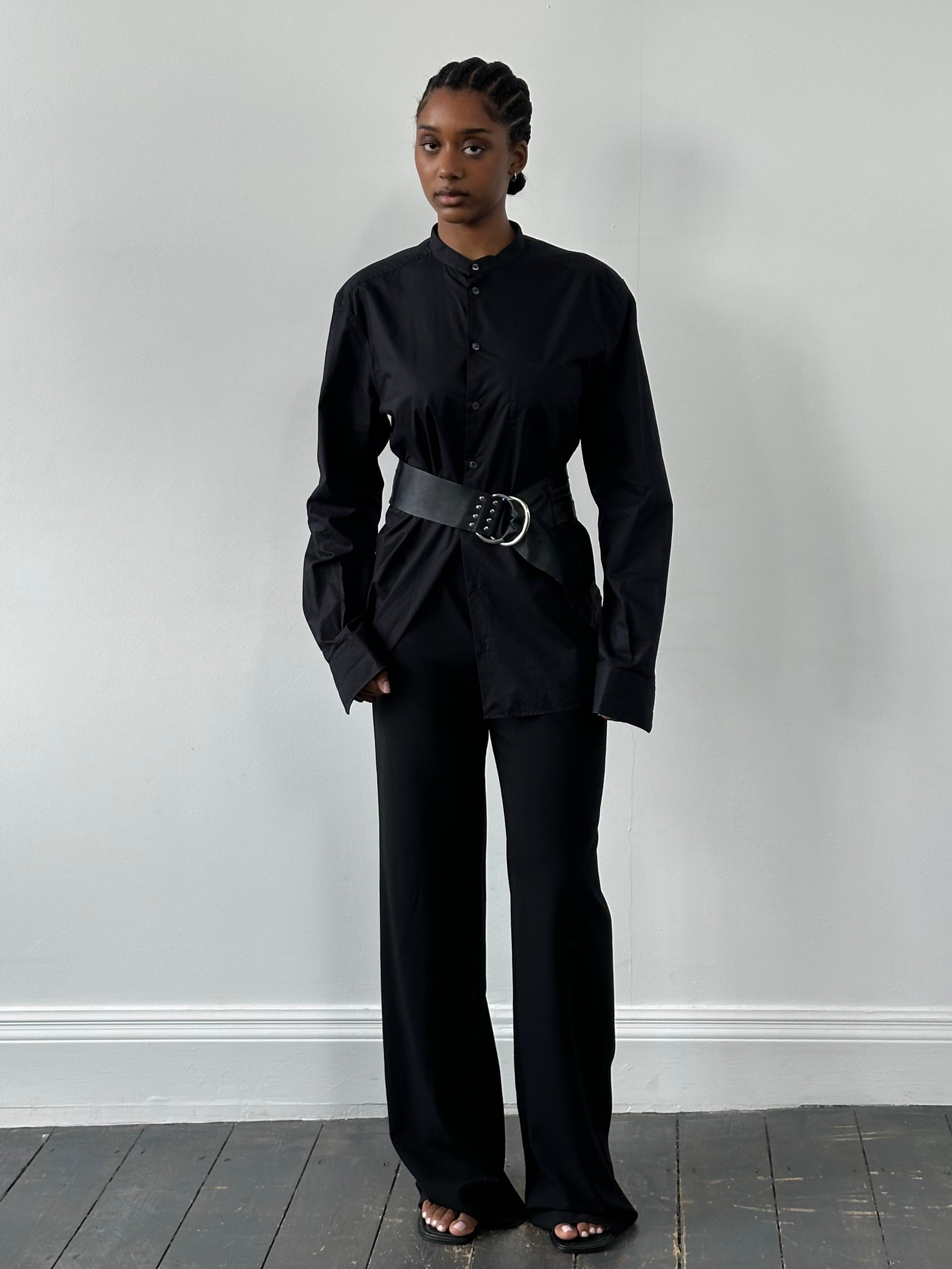 Dolce & Gabbana 2000s cotton collarless shirt in size M, featuring a sleek, minimalist design with long sleeves and a tailored fit.