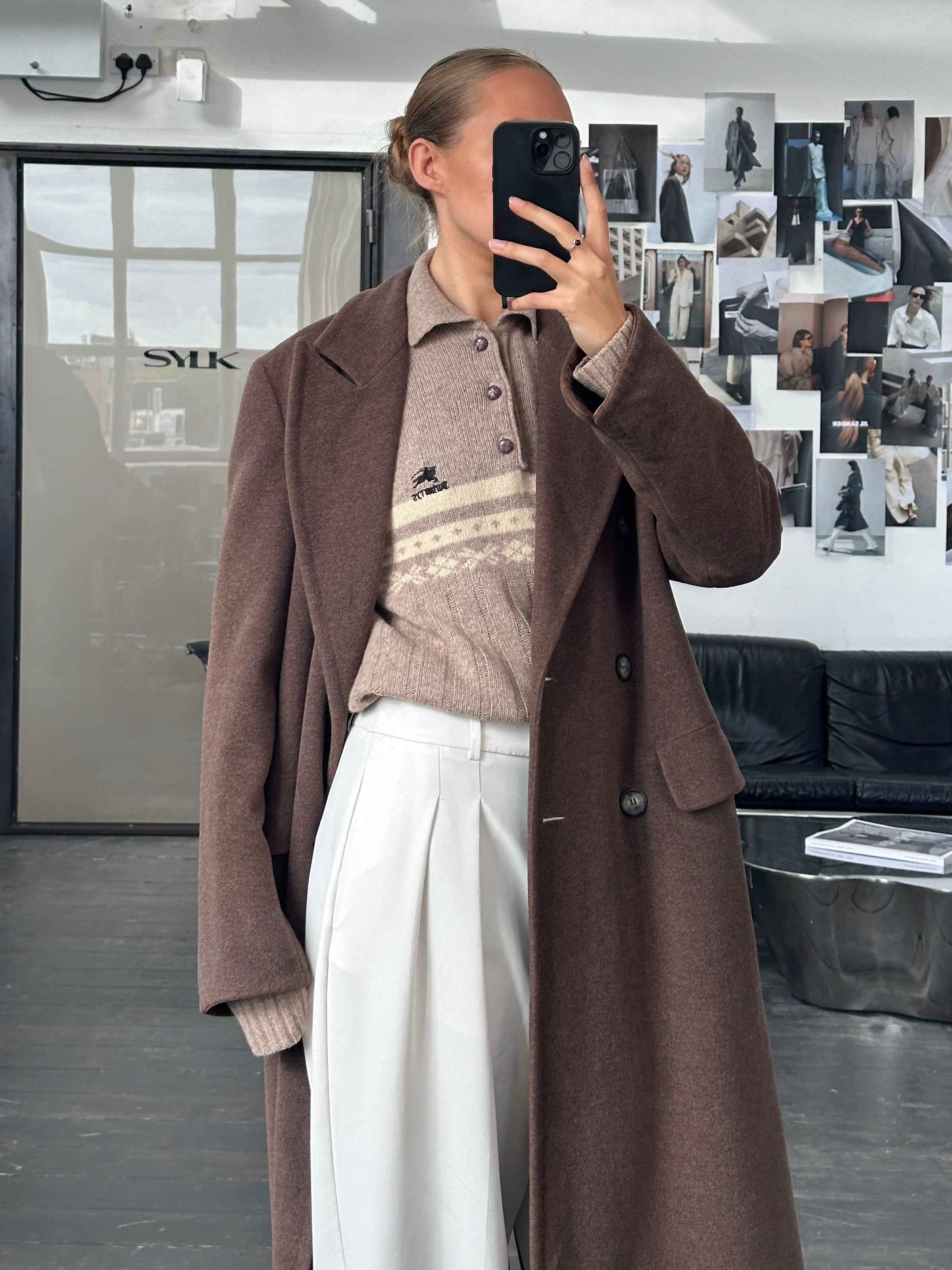 Sportmax 1990s wool double-breasted coat in size M/L, showcasing classic tailored design with lapels and button details.