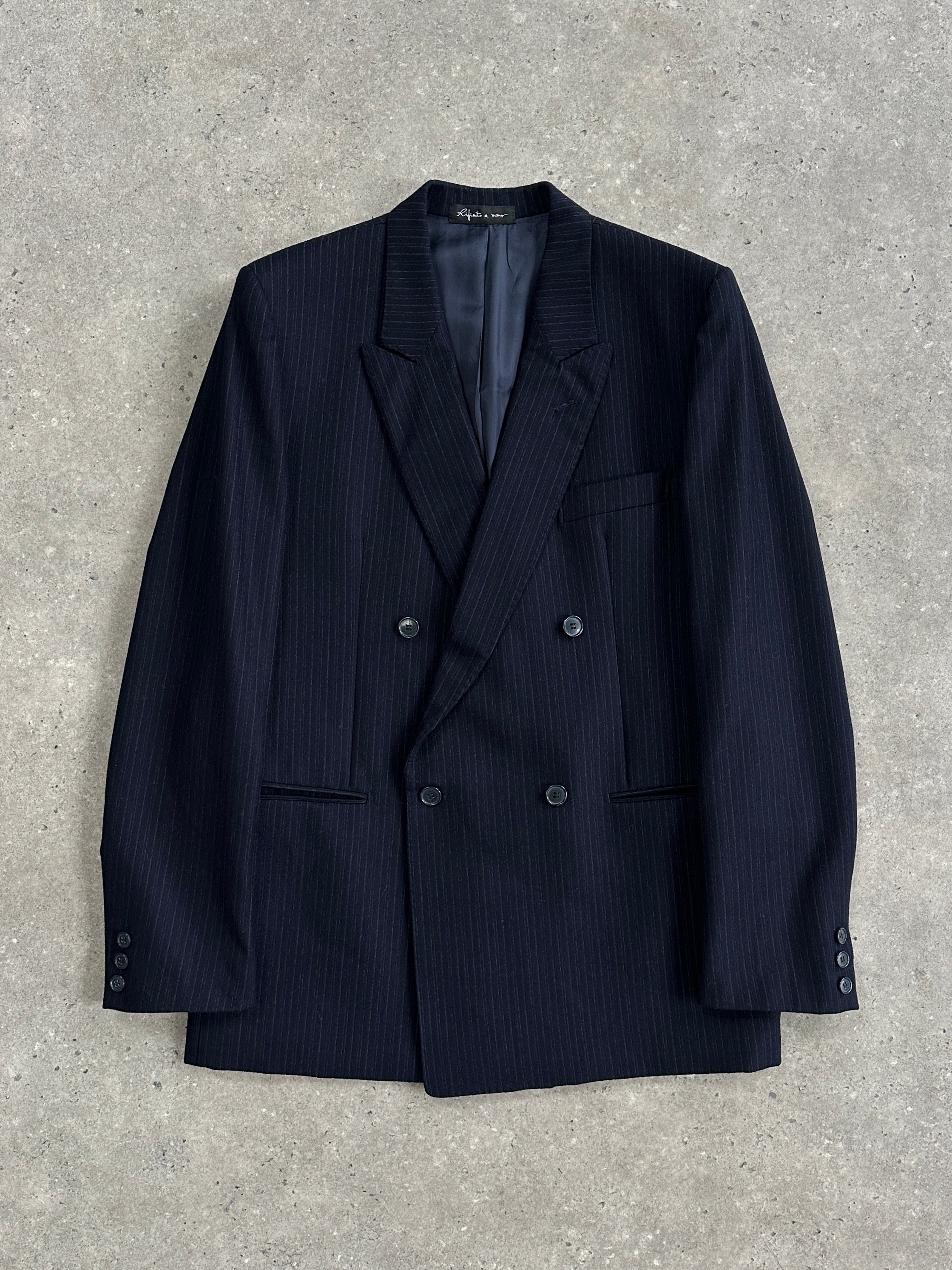 Vintage pure brushed wool stripe double-breasted blazer in size 42R/L, featuring classic design and tailored fit.