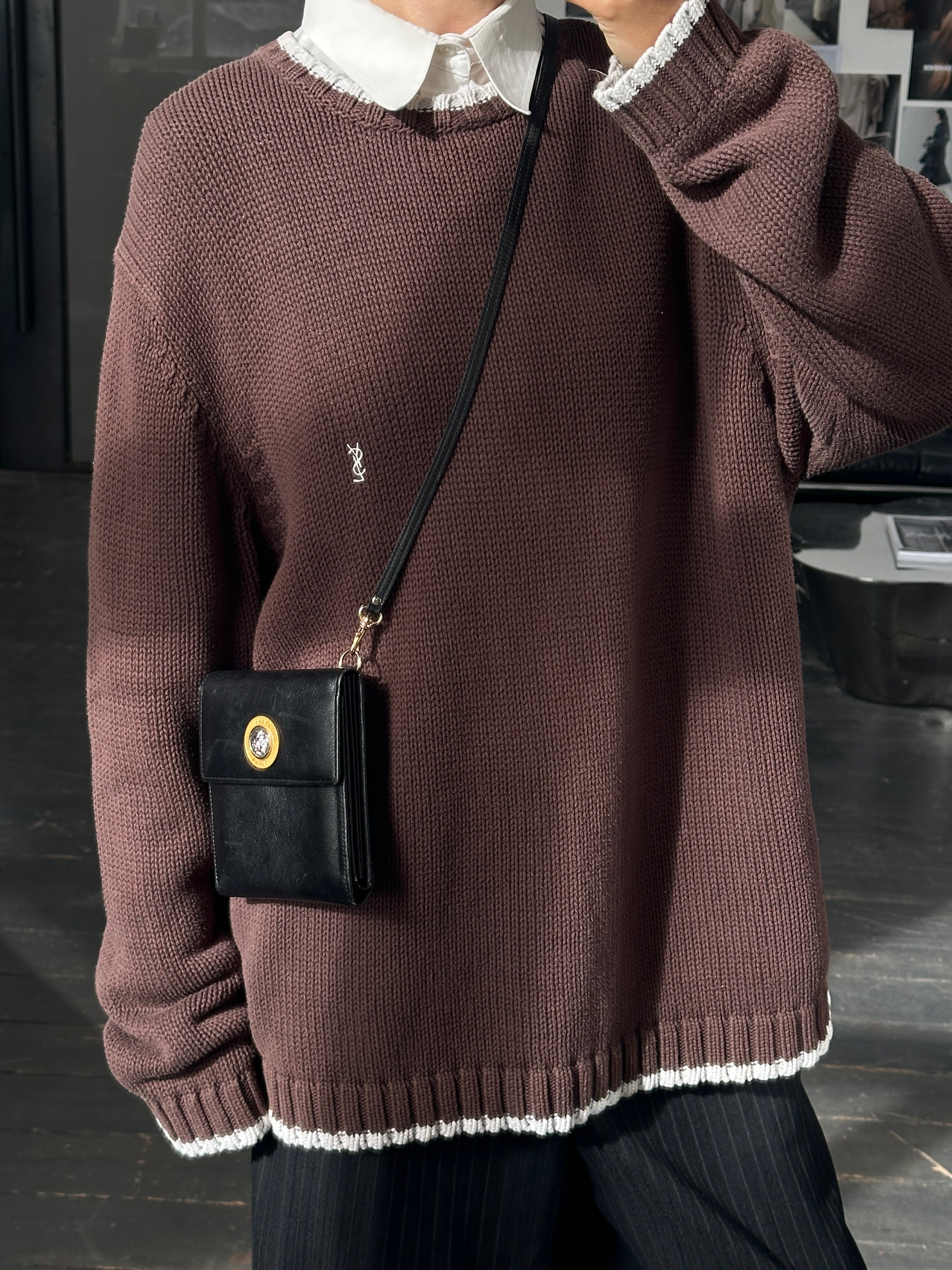 Yves Saint Laurent men's XXL pure cotton knitted logo jumper with ribbed cuffs and crew neckline, in classic design.