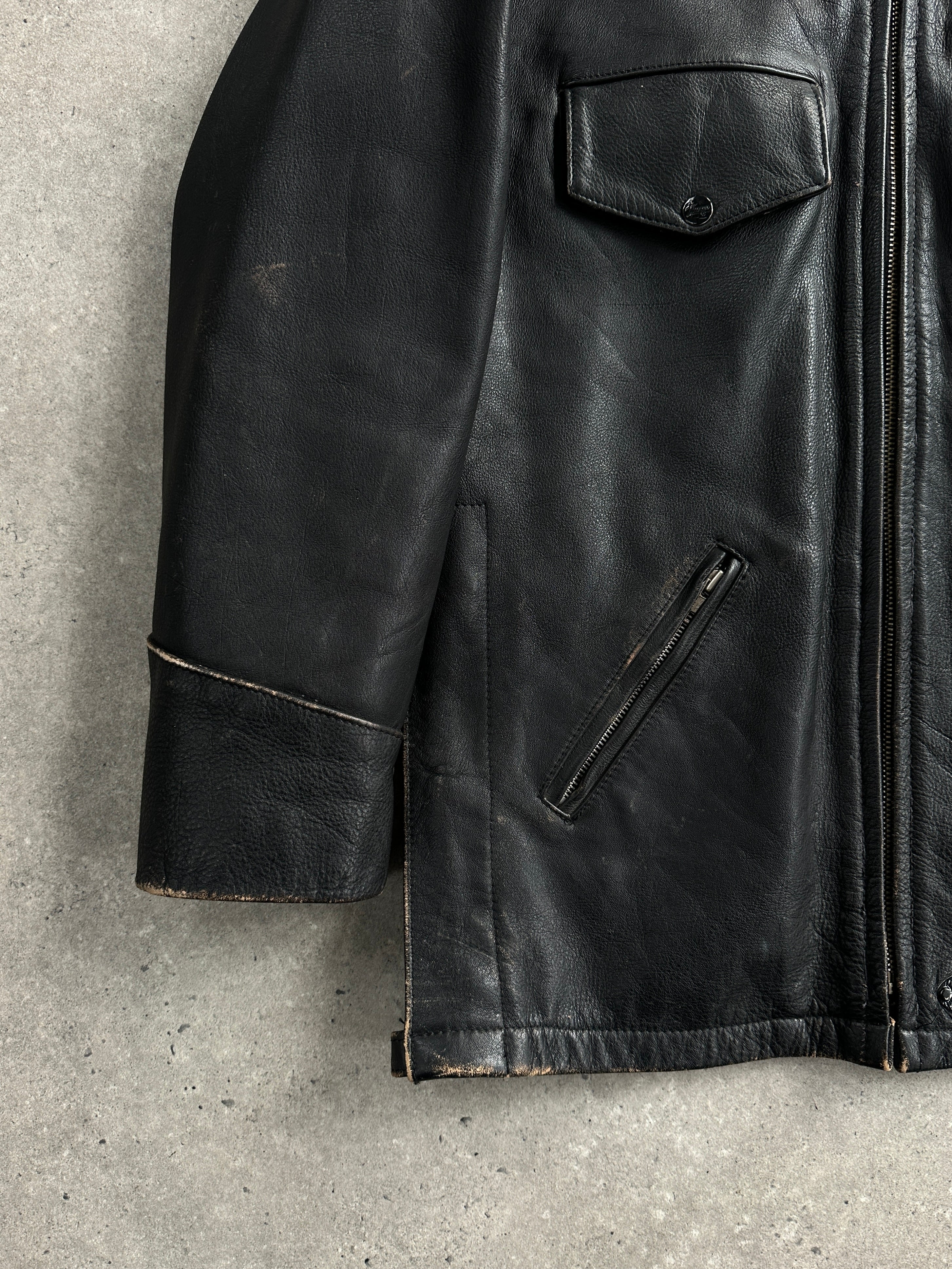 Vintage 1990s aged leather jacket, M/L size, showcasing worn brown leather with classic design and distressed details.
