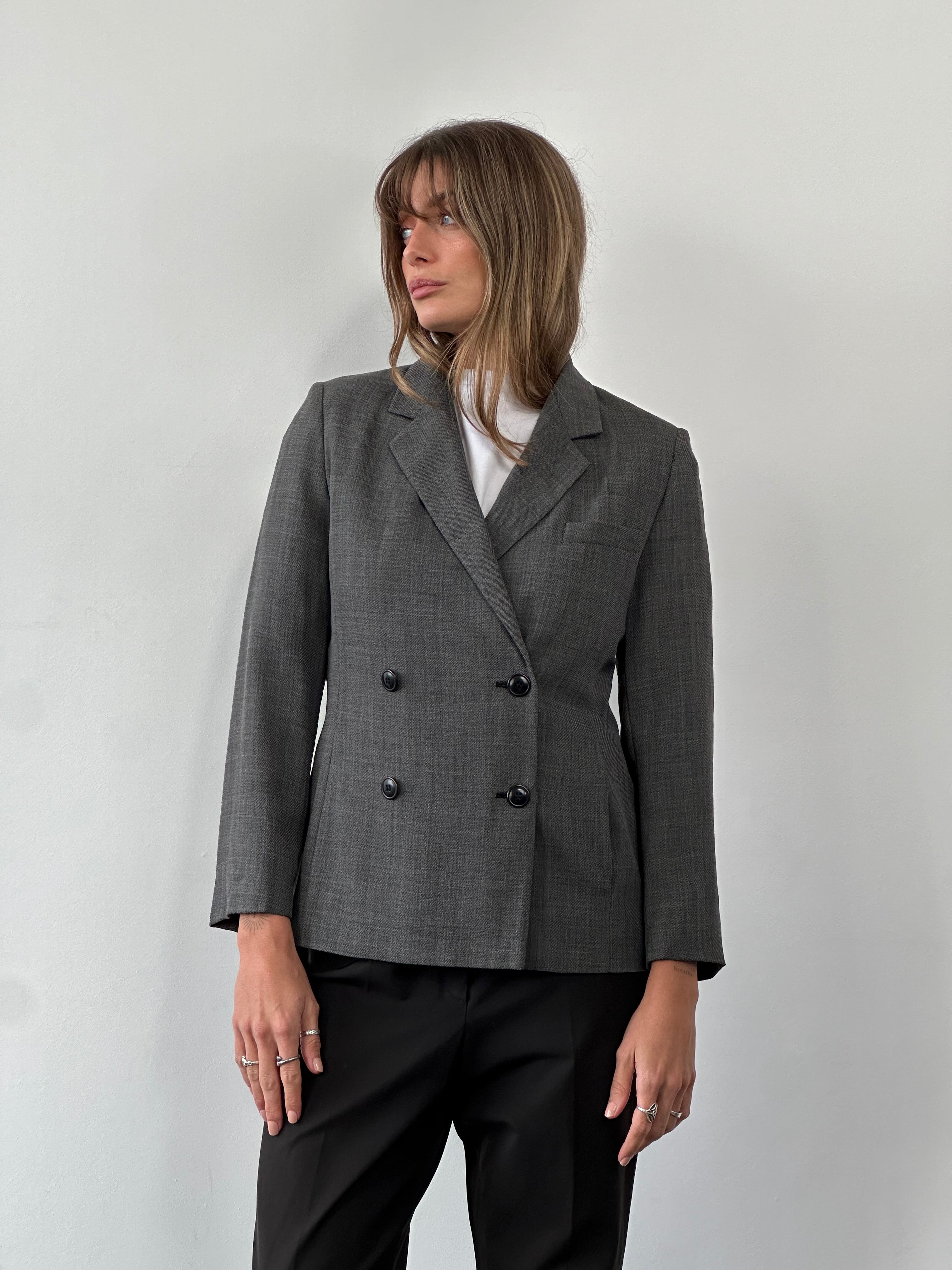 Max Mara wool double-breasted blazer in size S with notch lapels and tailored fit, shown on a mannequin.