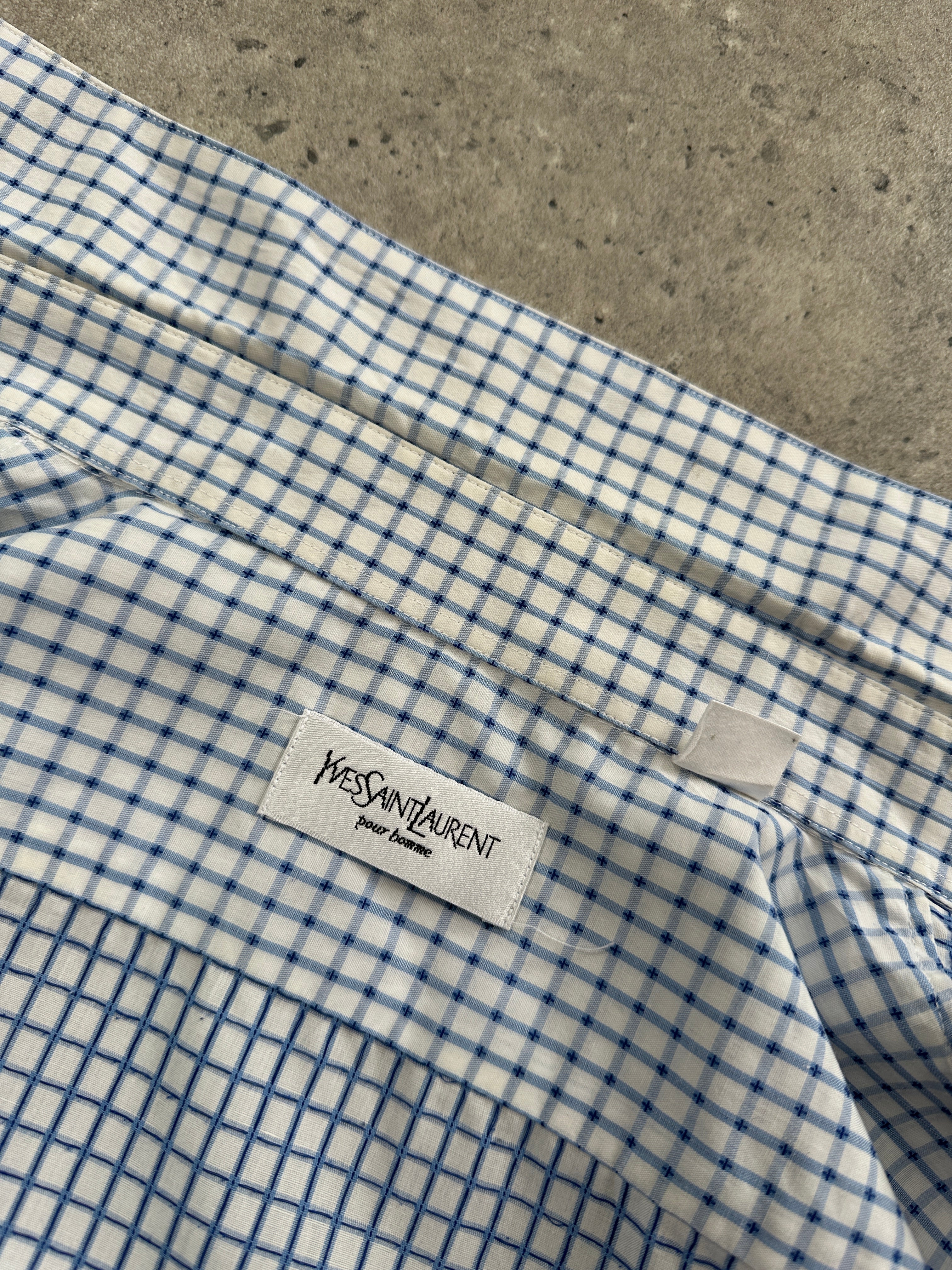 Yves Saint Laurent Pour Homme cotton check short sleeve logo shirt in size L with button front and classic check pattern.